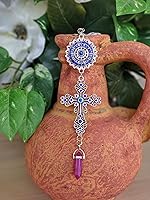 Vista 6 de LUCKBOOSTIUM Amuleto de cruz con incrustaciones de cristal azul y mandala azul de ojo malvado con piedra curativa colgante, dijes de naturaleza
