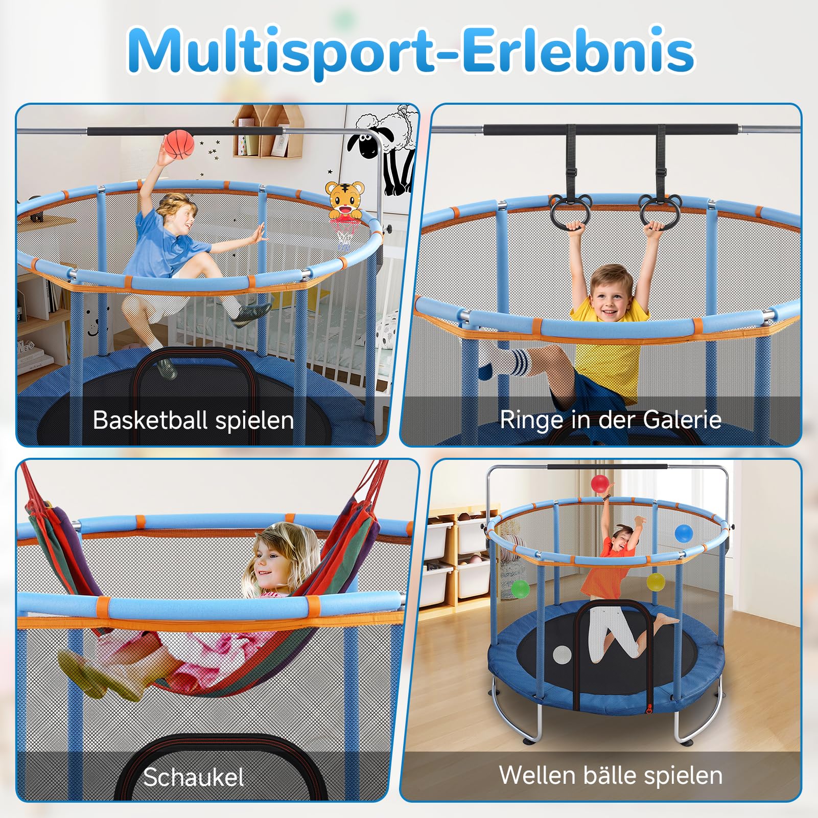 Trampoline pour enfant de 150 cm - Hauteur réglable - Pour l'intérieur et l'extérieur - Avec filet de sécurité et barre de gymnastique - Charge maximale : 200 kg - Avec panier de basket, balançoire et