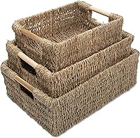 Vista 10 de Cesta de almacenamiento de hierba marina natural con asa, cesta rectangular de mimbre para organizar, cesta de almacenamiento de mimbre decorativa