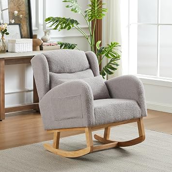 Majnesvon Modern Glider Chair, Accent High Upholstered Backrest Nursery Rocking Chair w/ 2 Side Pocket & Wood Legs, Accent Armchair Comfy Side Chair for Living Room, Bedroom Grey