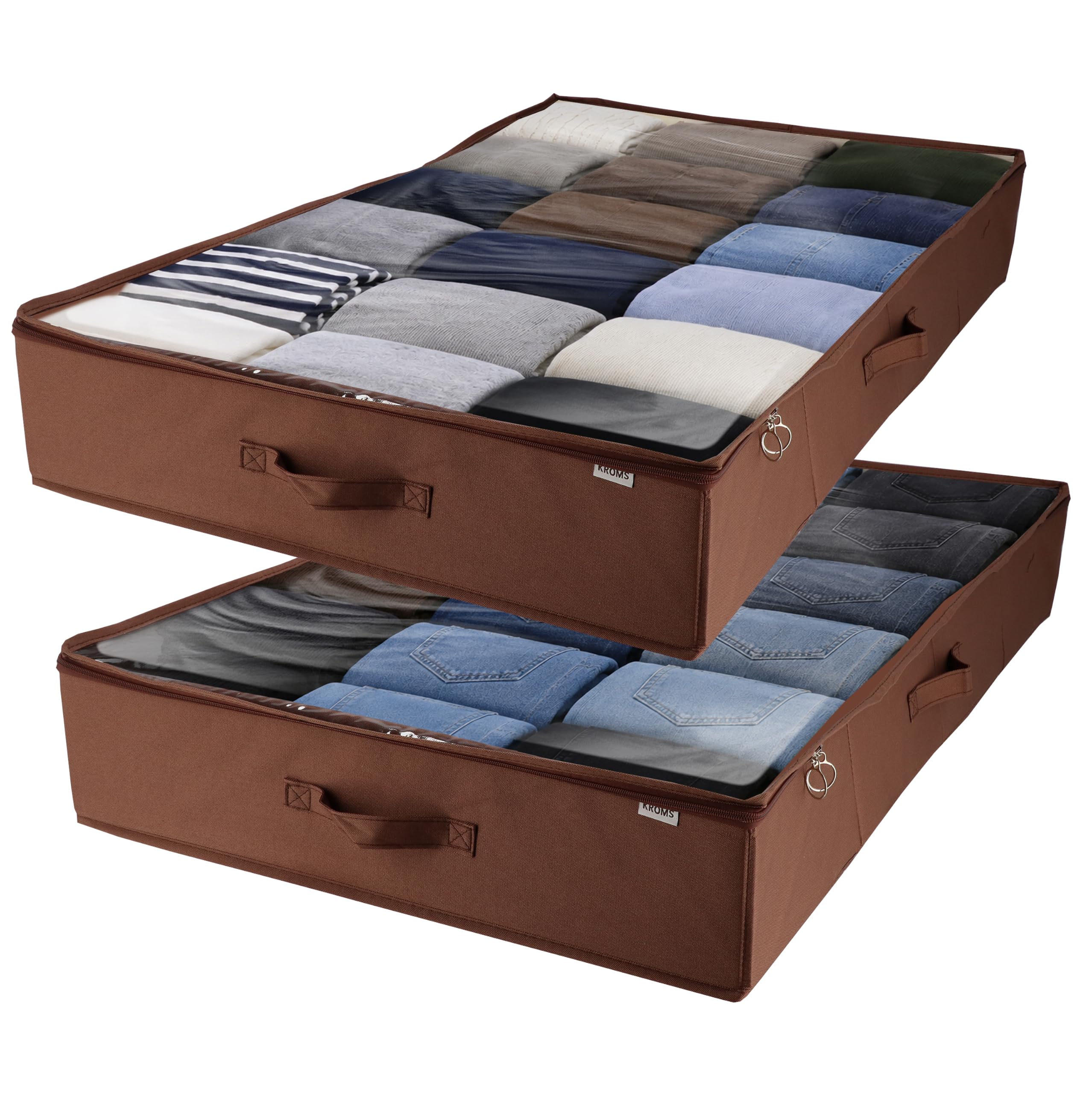 Unterbett Aufbewahrung 2er Set - Braun - 100 x 60 x 15 cm - Aufbewahrungsbox mit Deckel - Bettwäsche, Kleidung & Decken - Unterbett Aufbewahrungsbox faltbar - Kleiderschrank Organizer