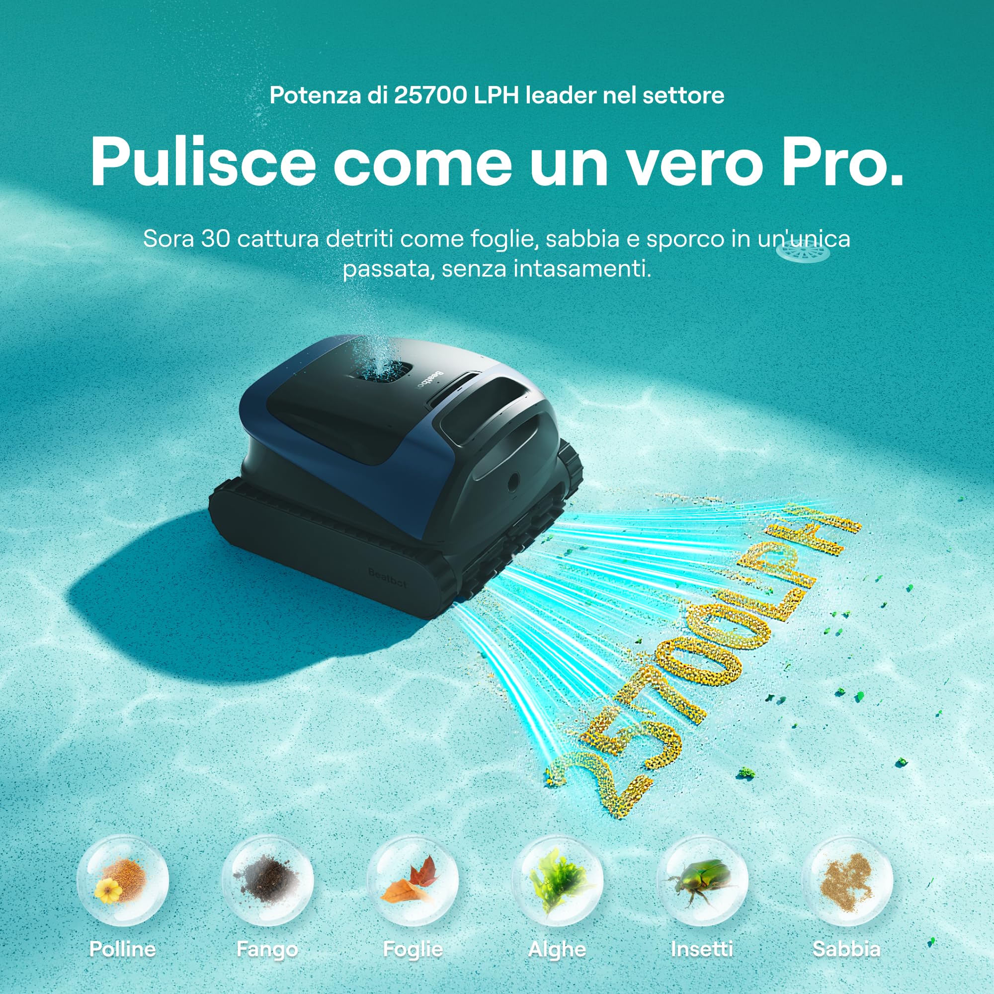 Beatbot Sora 30 Robot Piscina pareti e Fondo, Linea d'Acqua,Blu prussiano | Pareti e Fondo, Linea d'Acqua,Piattaforme,Robot Piscina Senza Fili,Parcheggio in Superficie, App, Filtrazione ultrafine, 5L
