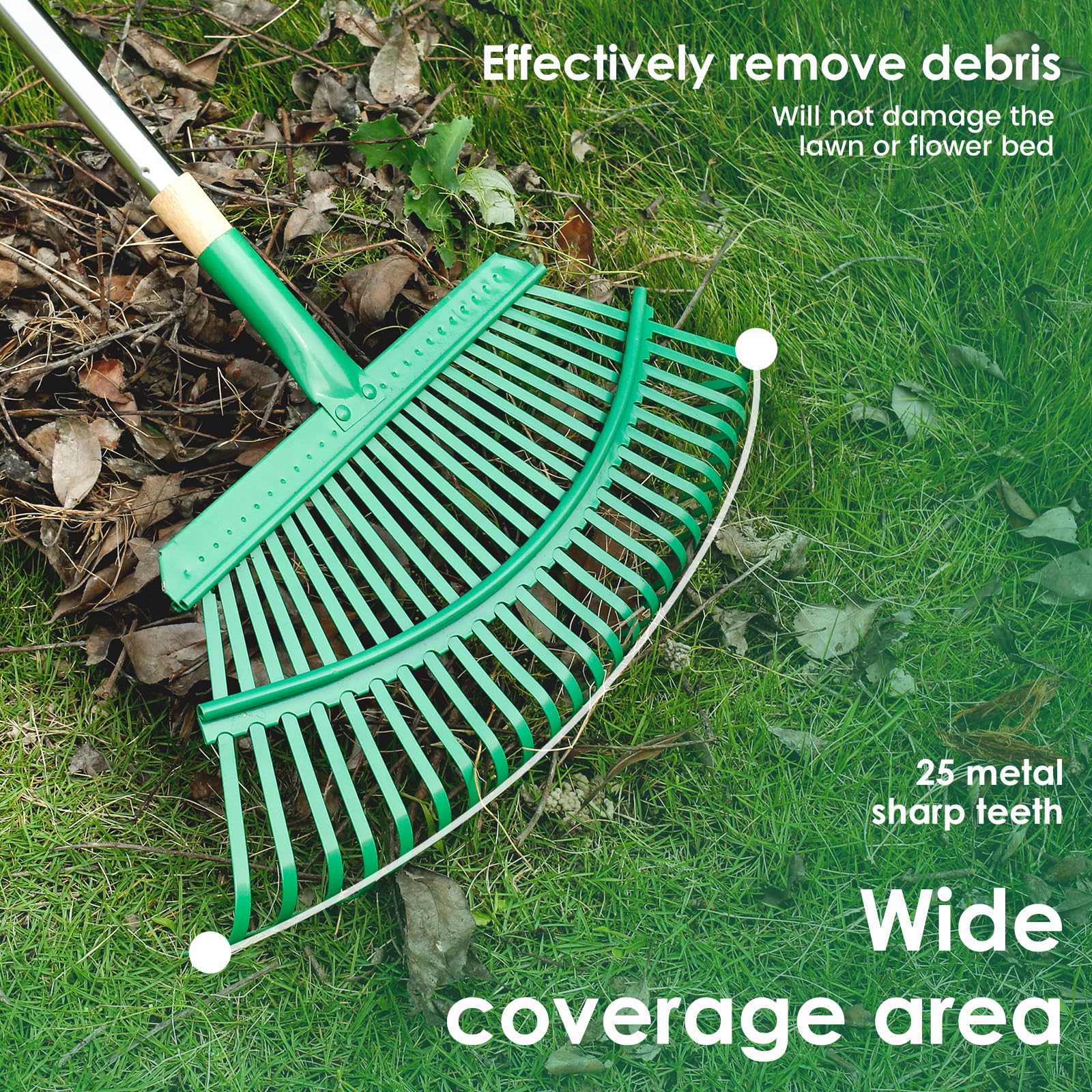 Rastrello da giardino regolabile in metallo, extra largo con manico lungo per la pulizia di prati e giardini, strumento ideale per la manutenzione di piante, terrazze e cortili, durevole ed efficiente