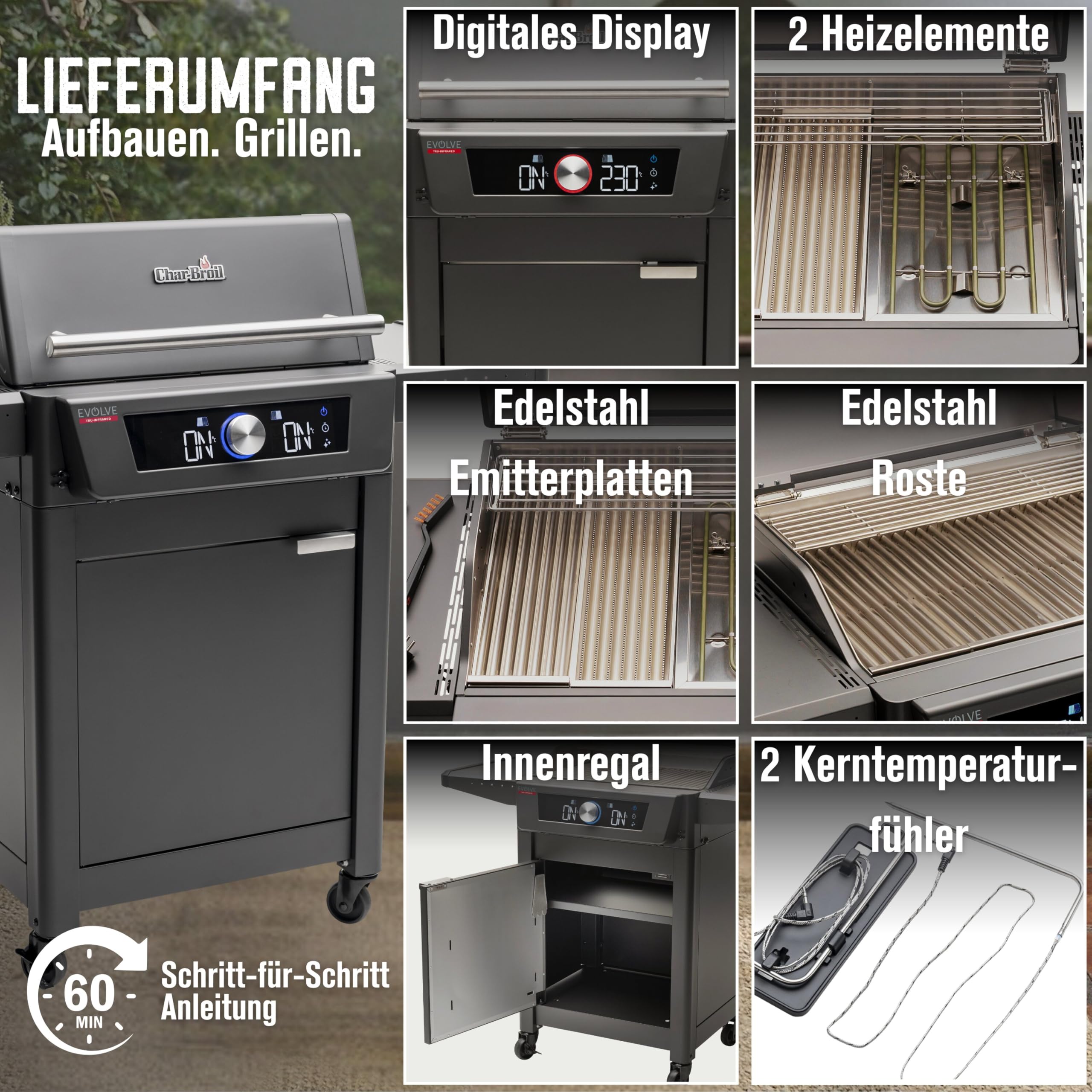 Char-Broil EVOLVE Electric Elektrogrill | 90°C-370°C, App Control, 2 Zonen, Kerntemperaturfühler