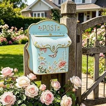 Vintage Wall Mount Mailbox for Outdoor Metal Wall Hanging Letter Box Decor Rustic Flower Pattern Mail Box for Garden Front Door Mantel Display Green