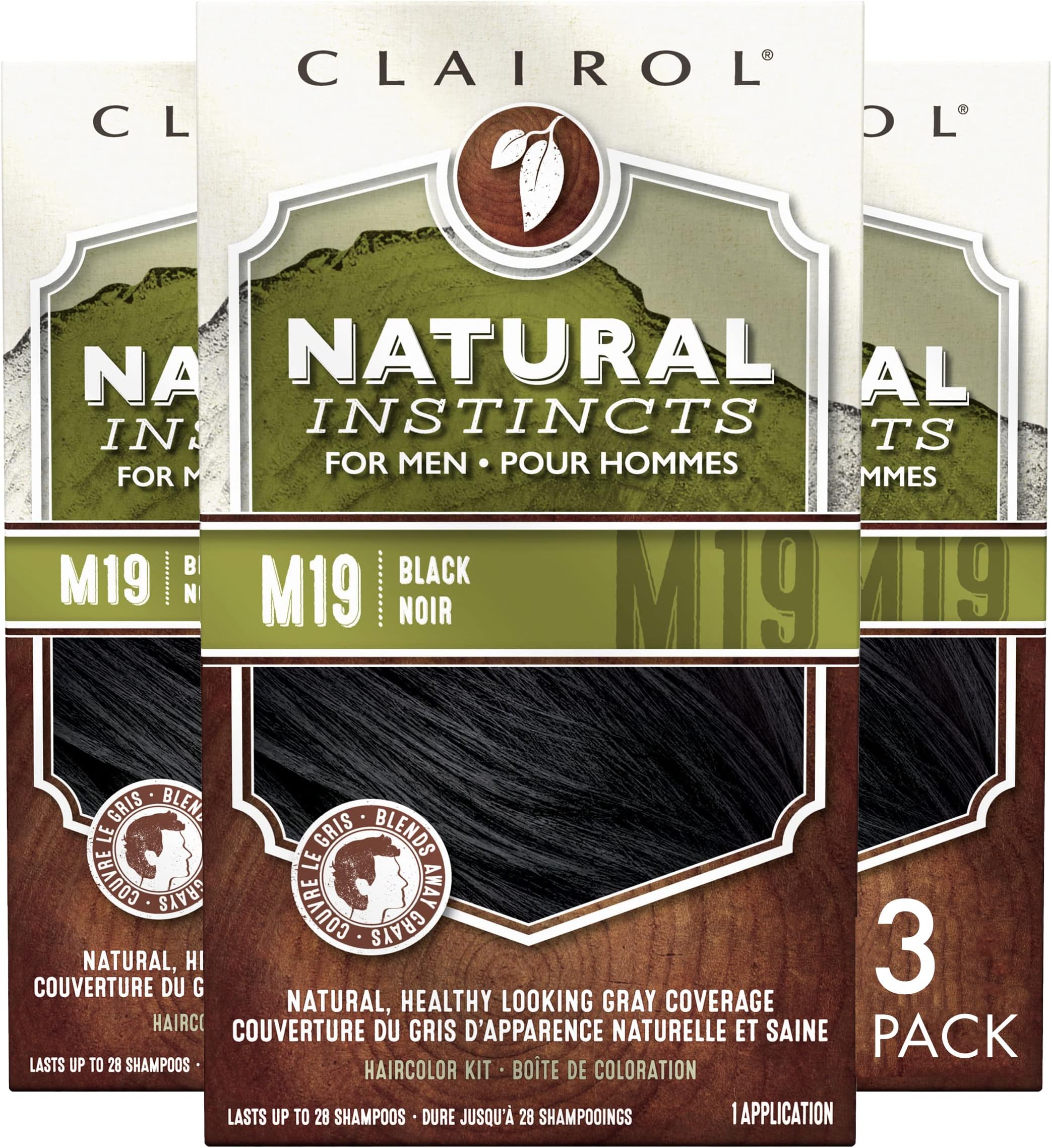 Clairol Natural Instincts Semi-Permanent Hair Color Kit For Men, 3 Pack, M19 Black Color, Ammonia Free, Long Lasting for 28 Shampoos