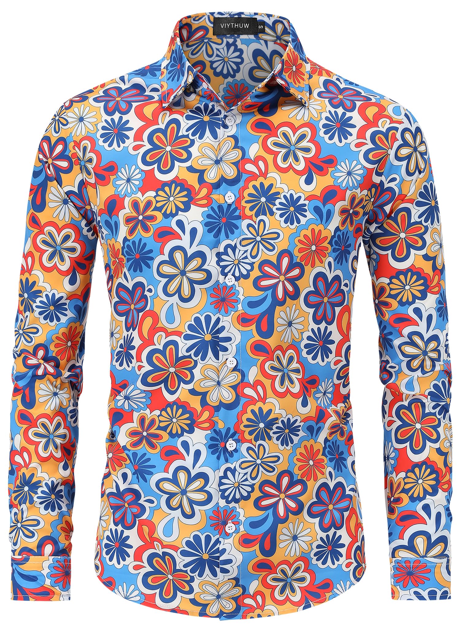 Mens 70s Disco Hip Hop Casual Button Down Paisley Floral Vintage Long Sleeve Shirt