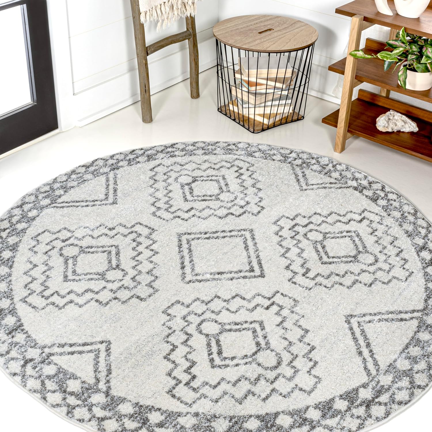 JONATHAN Y Amir Moroccan Beni Souk Cream/Gray 3' Round Indoor Area Rug, Bohemian, Scandinavian, Easy-Cleaning for Living Room, Bedroom, Kitchen, Pet Friendly, Non-Shedding (MOH200B-3R) Cream/Gray 3' (Round)