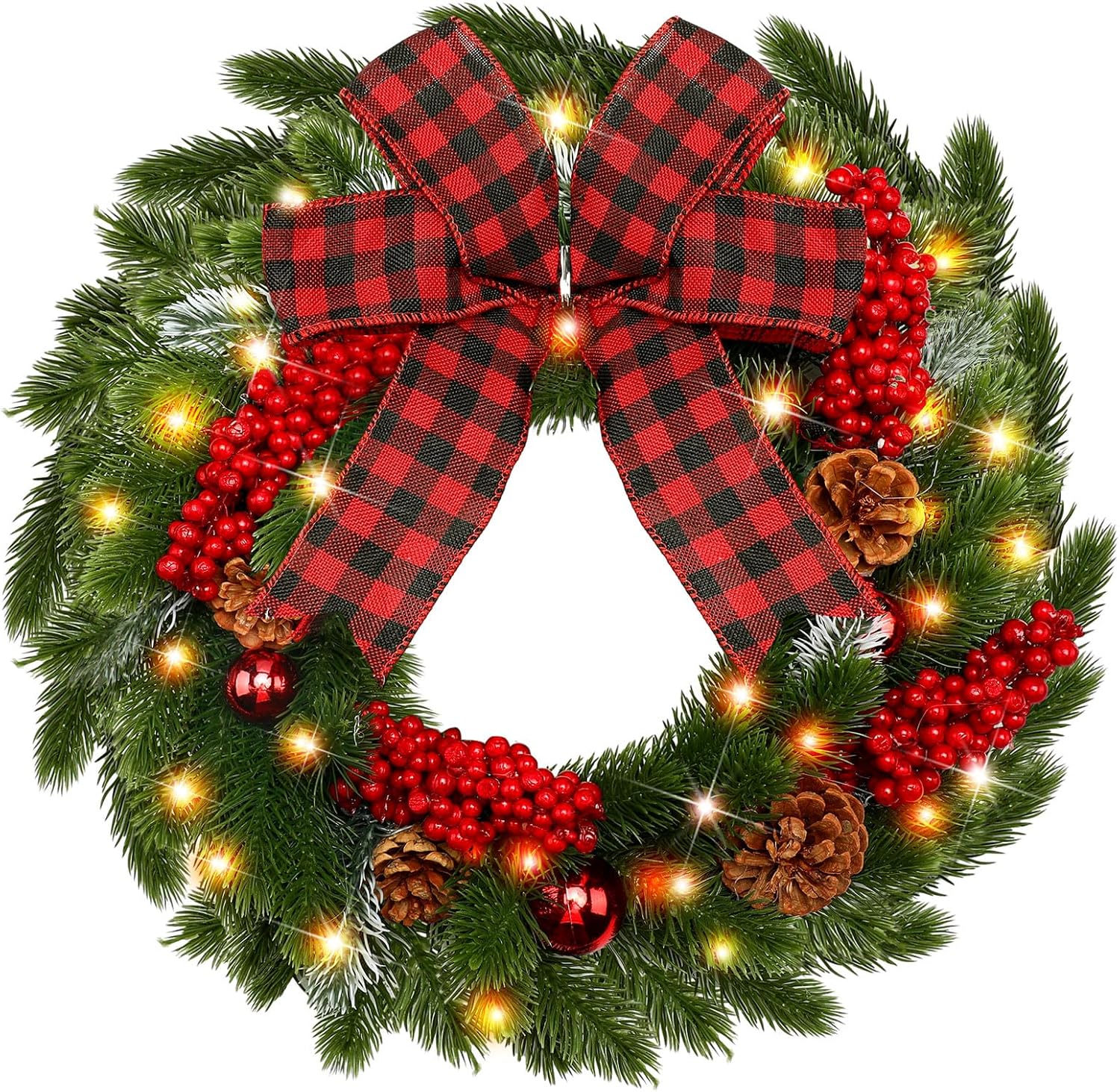 Dingion 14 Inch Christmas Lighted Wreath with Large Buffalo