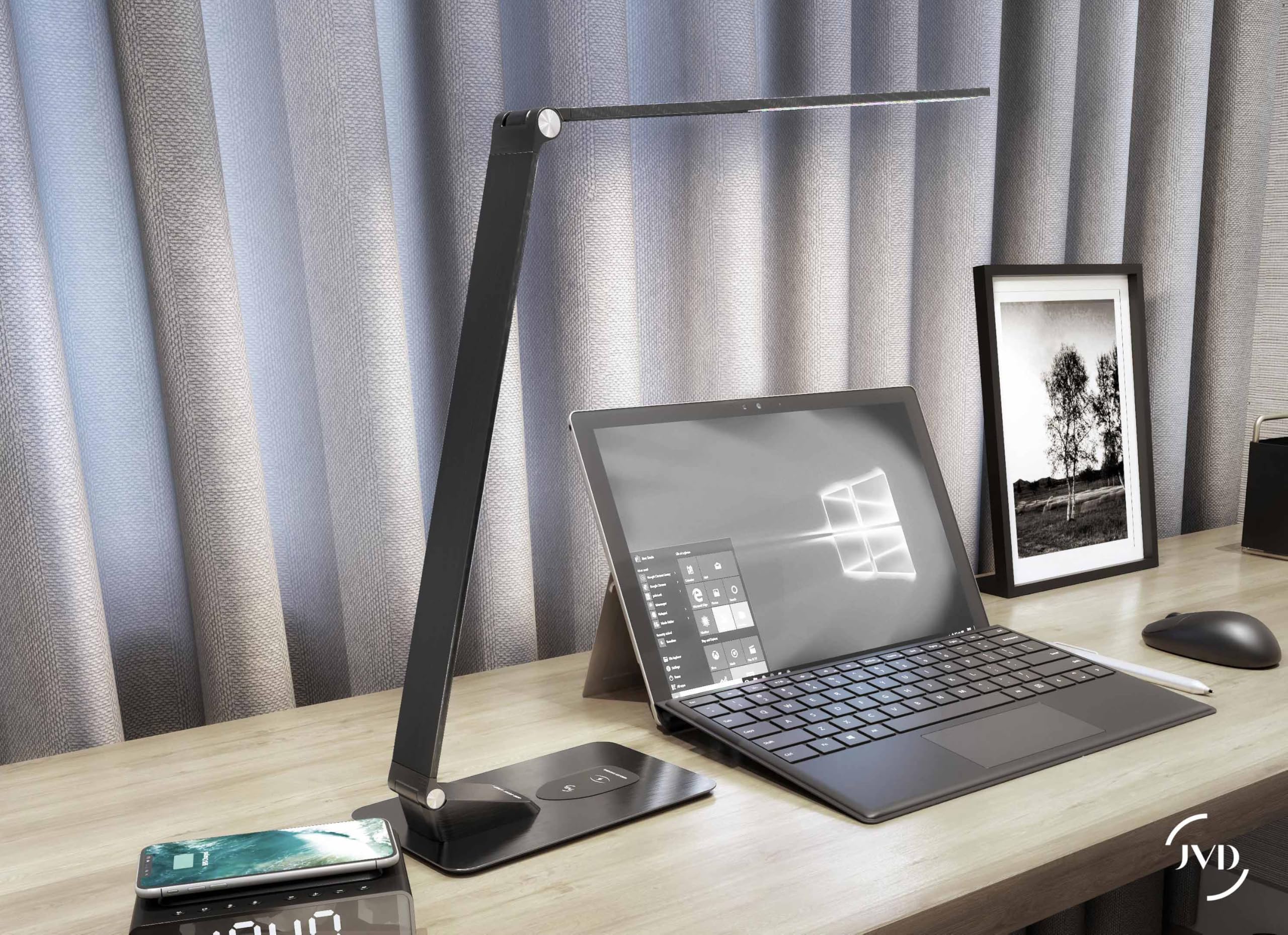 JVD - Lampe LED de Chevet et de Bureau - Avec Chargeur à Induction Sans Fil et Port USB - Luminosité Réglable - Éclairage Blanc Chaud et Froid - Pour Chambre d’Hôtel et Bureau