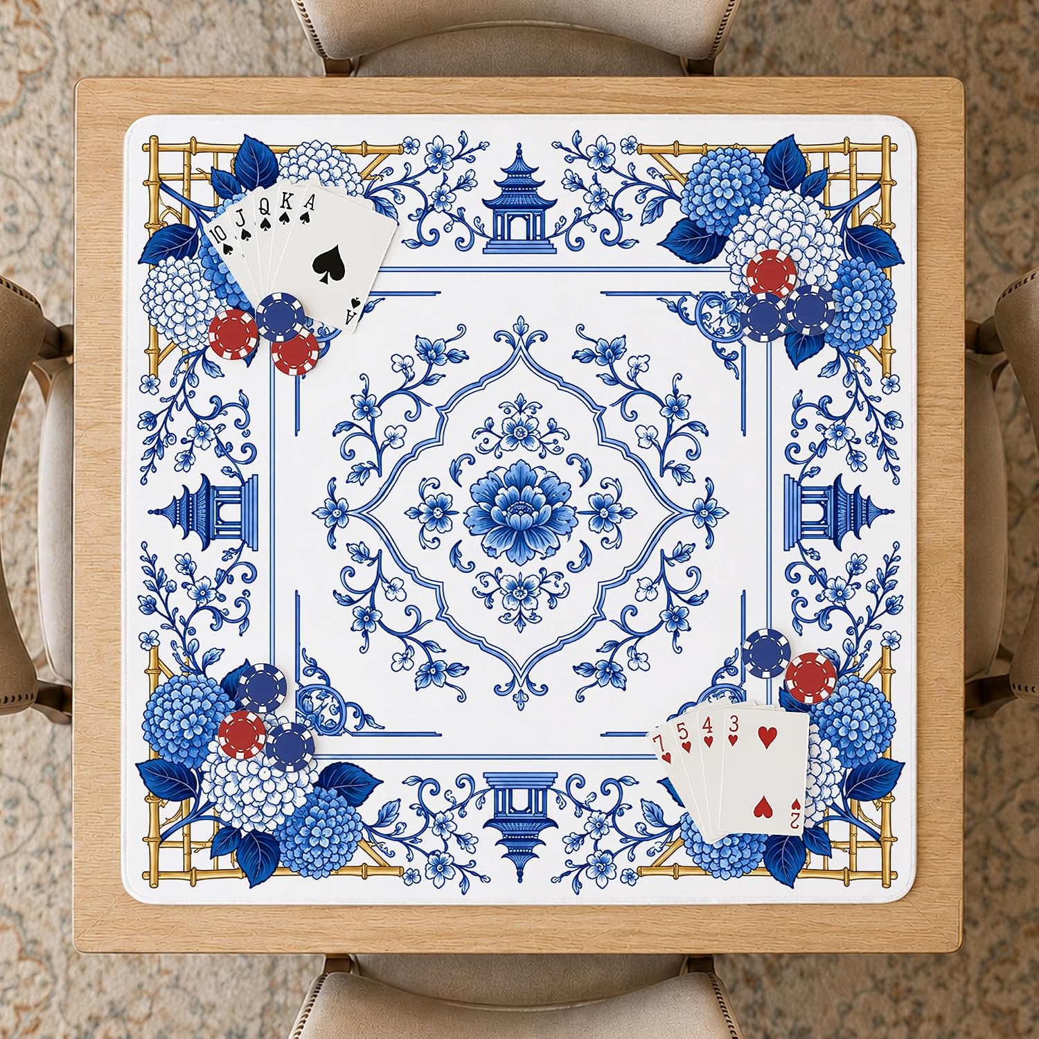 Blue Chinoiserie Hydrangea Mahjong Mat for Table31.5 x31.5 107MJD | Grandmillennial Oriental Floral Anti-Slip Noise-Reducing Mahjong Table Cover for Mah Jong Poker Board Card Games Dominoes