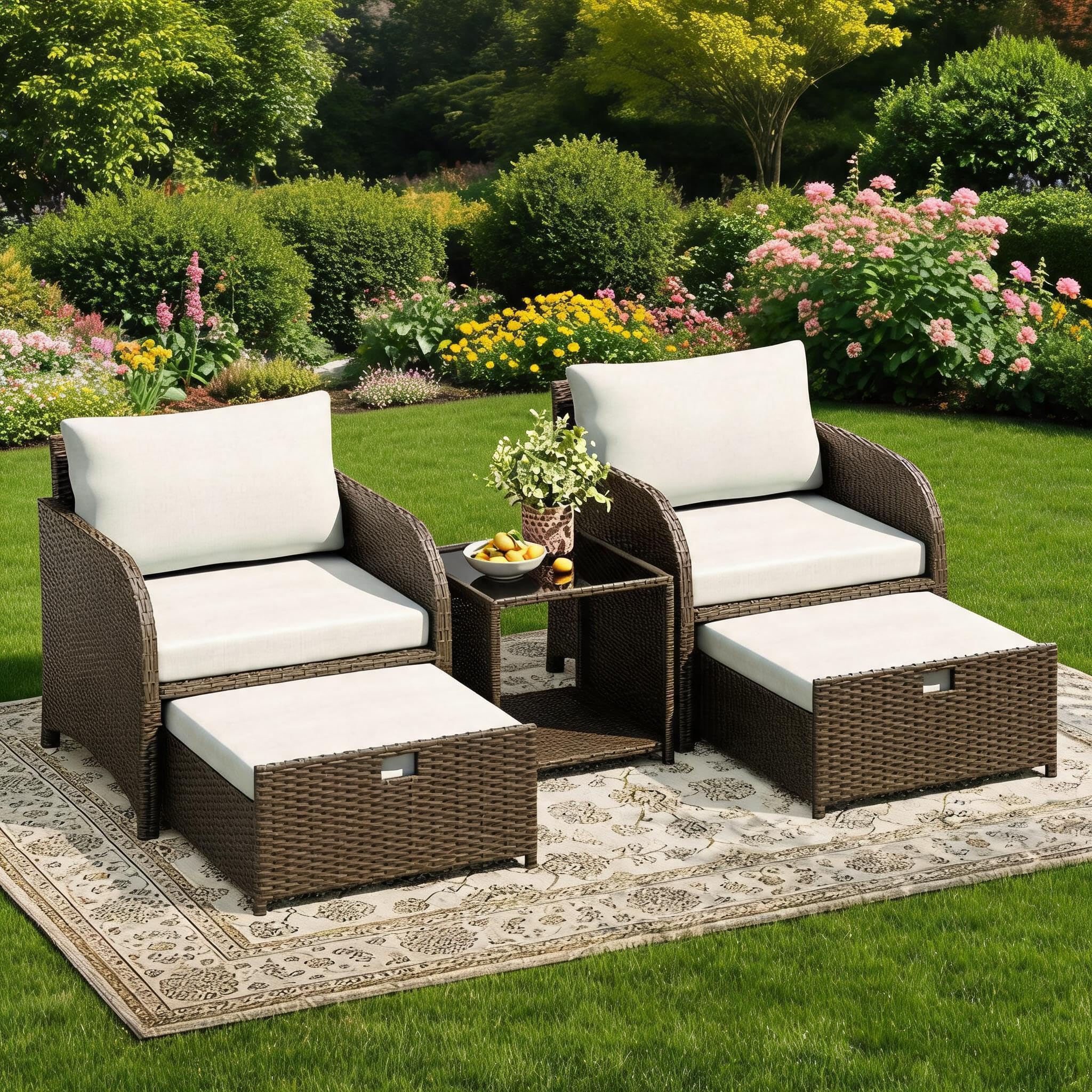 Rattan Gartenmöbel Set 5-teilig | Wetterfeste Terrassengarnitur mit 2 Sesseln, Hocker und Tisch. Pflegeleicht für Garten, Balkon und Terrasse