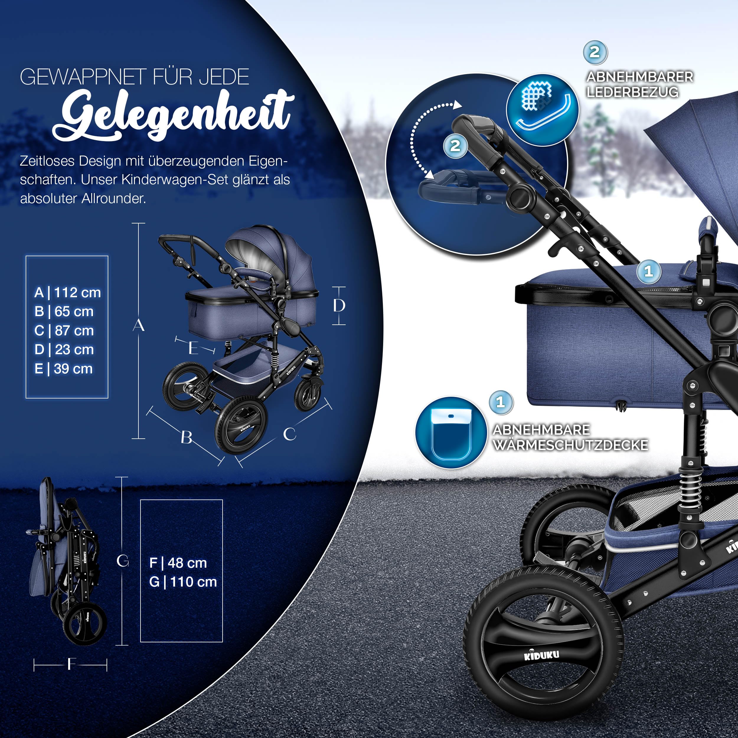 KIDUKU 3 in 1 Kinderwagen XXL Komplettset Kombikinderwagen mit Babywanne Buggy Sportsitz Auto-Babyschale Fußsack Vollgummireifen Wickeltasche Regenschutz ECE R129