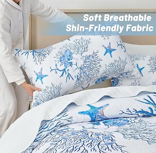 Miniatura 4 de Coastal Bedding - Colcha costera tamaño King con 2 fundas, juegos de edredón náutico de playa, colcha de océano con estrellas de mar azul, ropa de