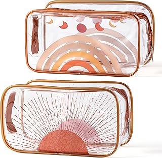 Y1tvei 2Pcs Boho Rainbow Sunshine Clear PVC Makeup Bag Brown Rainbow Boho Plastic Cosmetic Toiletry Bag Transparent Zipper Makeup Case Portable Waterproof Clutch Purse Travel Organizer for Women Girls