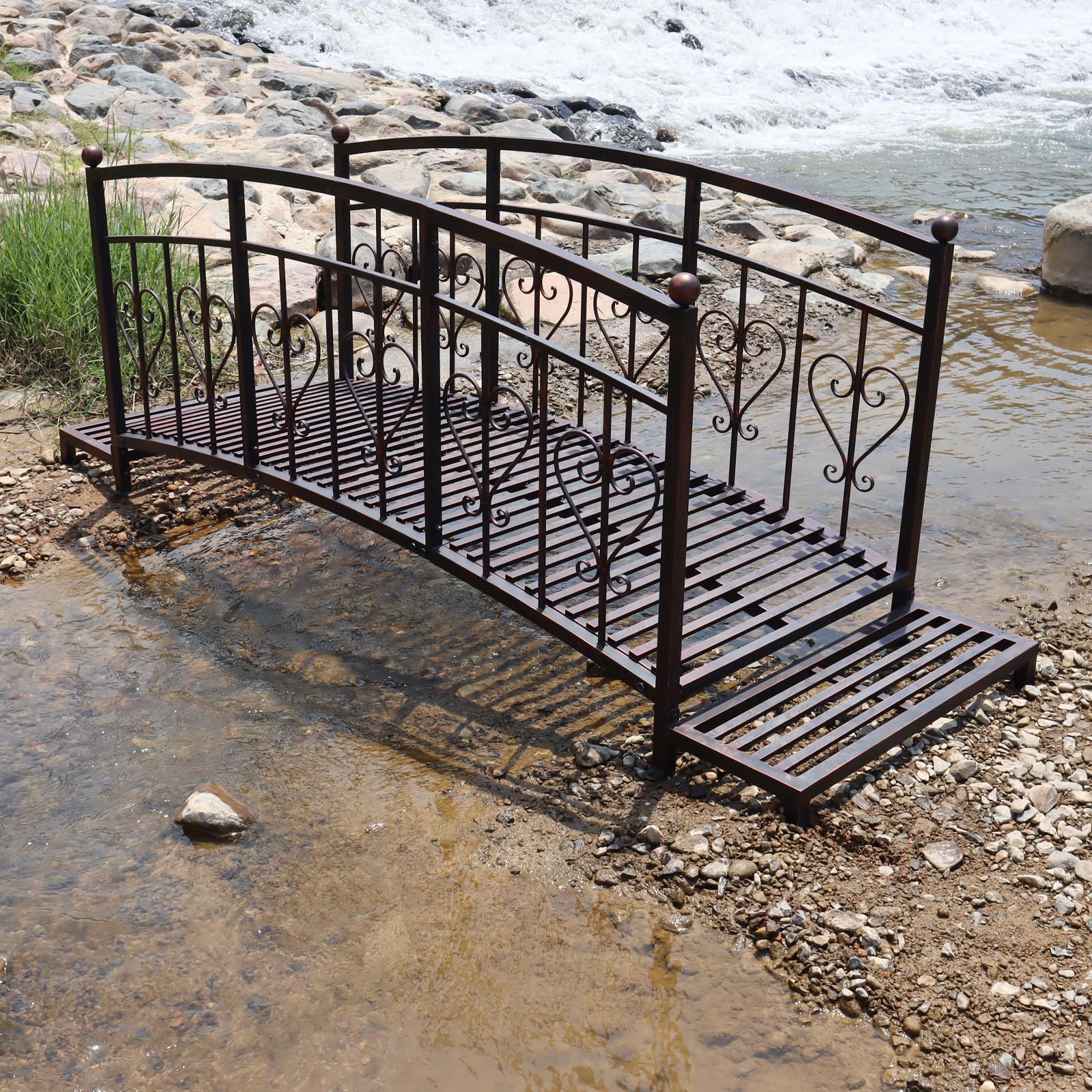 Kinfant Metal Arch Garden Bridge - 8FT Long Iron Decorative Footbridge with 2 Safety Heart-Shaped Guardrails for Outdoor, Backyard, Pond, Stream, Lawn, Black Gold