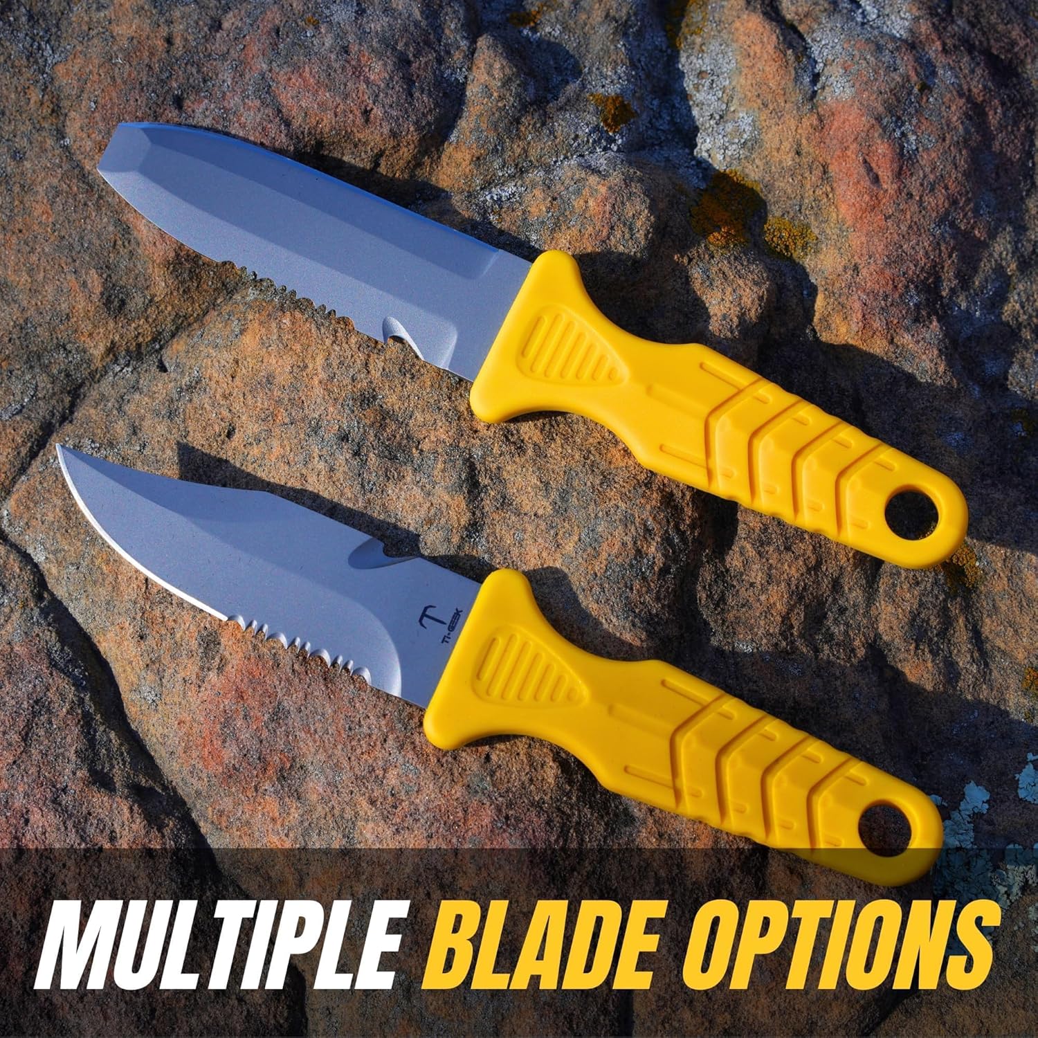 Titanium Survival Scuba Diving Fixed Blade Knife with Sheath & Straps - Holster on Divers BCD, Thigh/Leg, GC Belt Buckle or Wrist, Cutting, Serrated Edge & Line Cutter - Yellow Drop Point