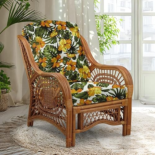 Malibu Lounge Living Accent - Sillón de mimbre de ratán natural, diseño hecho a mano, color colonial con cojín floral
