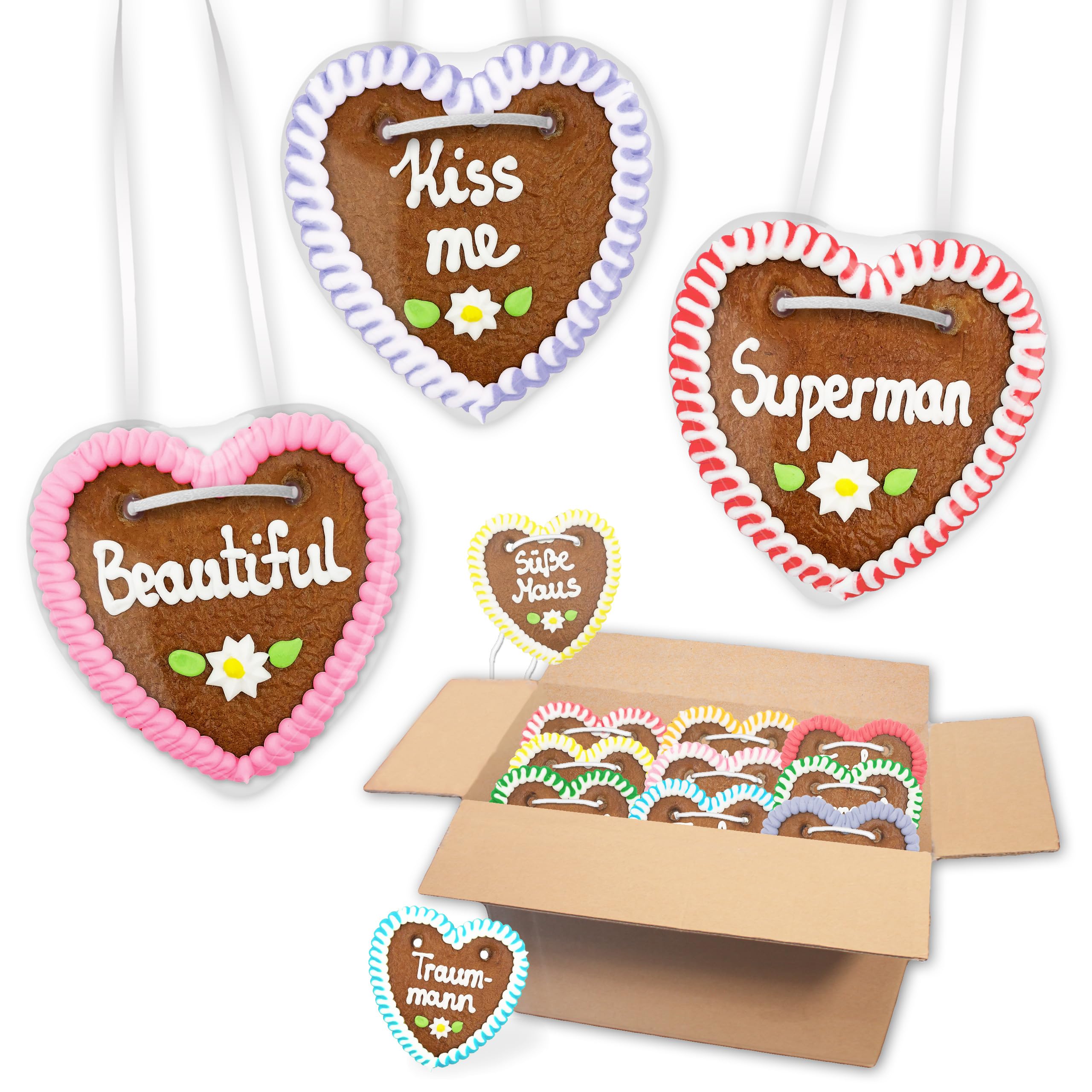 20x Lebkuchenherzen Mischkarton Party Sprüche, bunte Farben, 10 cm