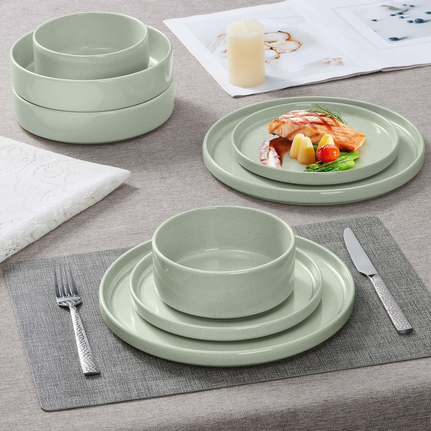 Herogo 16 Piece Plates and Bowls Set, Porcelain Dinnerware Sets with Pasta Bowls, Kitchen Dinner Ware Dishes Service for 4, Chip & Scratch Resistant Dishware, Speckled Light Green - Image 6