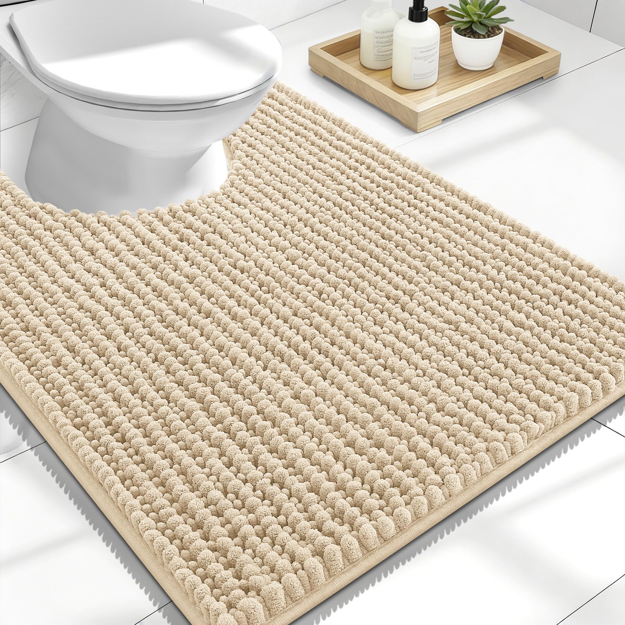 OLANLY Thick Chenille Toilet Rugs U-Shaped 24x20, Beige