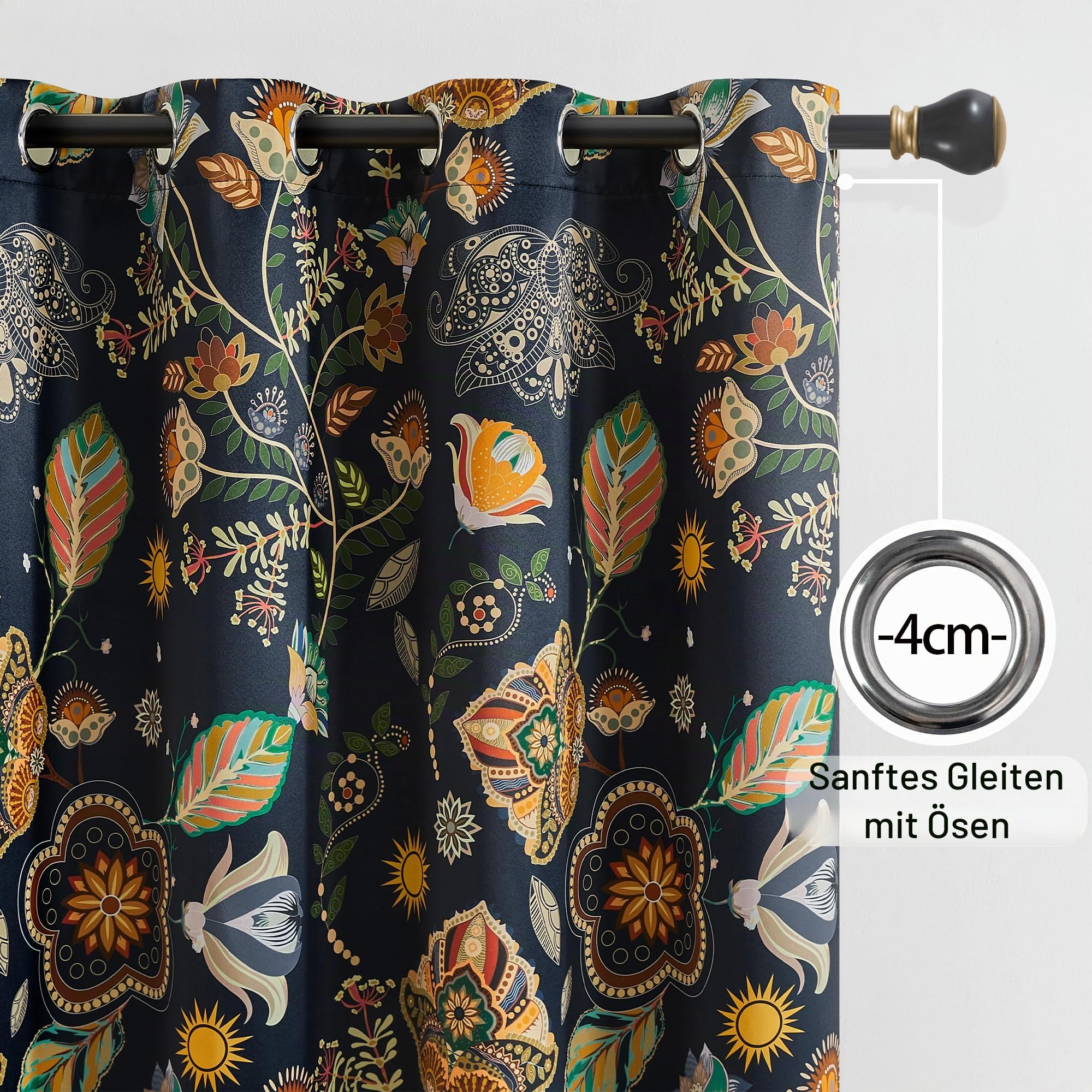 XiDi Dunkelblau Luxus-Pflanzen-Verdunkelungsgardinen 132x244cm Thermoisolierung Ösenbefestigung Retro-Großblumenmuster für Modernes Wohnen Navy Blue52/96
