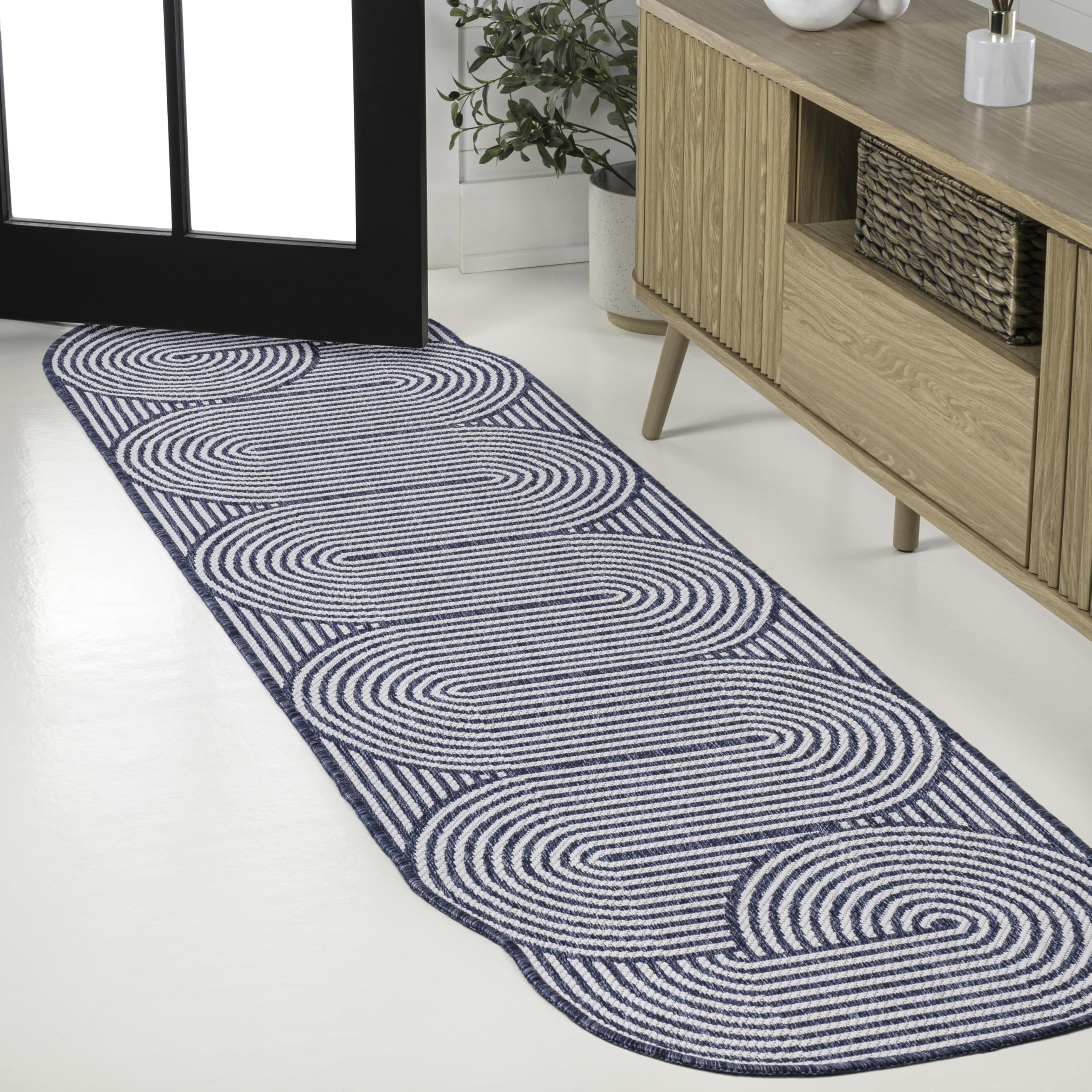 JONATHAN Y SHP201C-28 Margot Modern Geometric Arch Stripe Cream/Navy 2 ft. x 8 ft. Indoor/Outdoor Shaped Runner Rug, Pet Friendly, Non-Shedding, Stain Resistant, Easy-Cleaning for Backyard Patio Porch