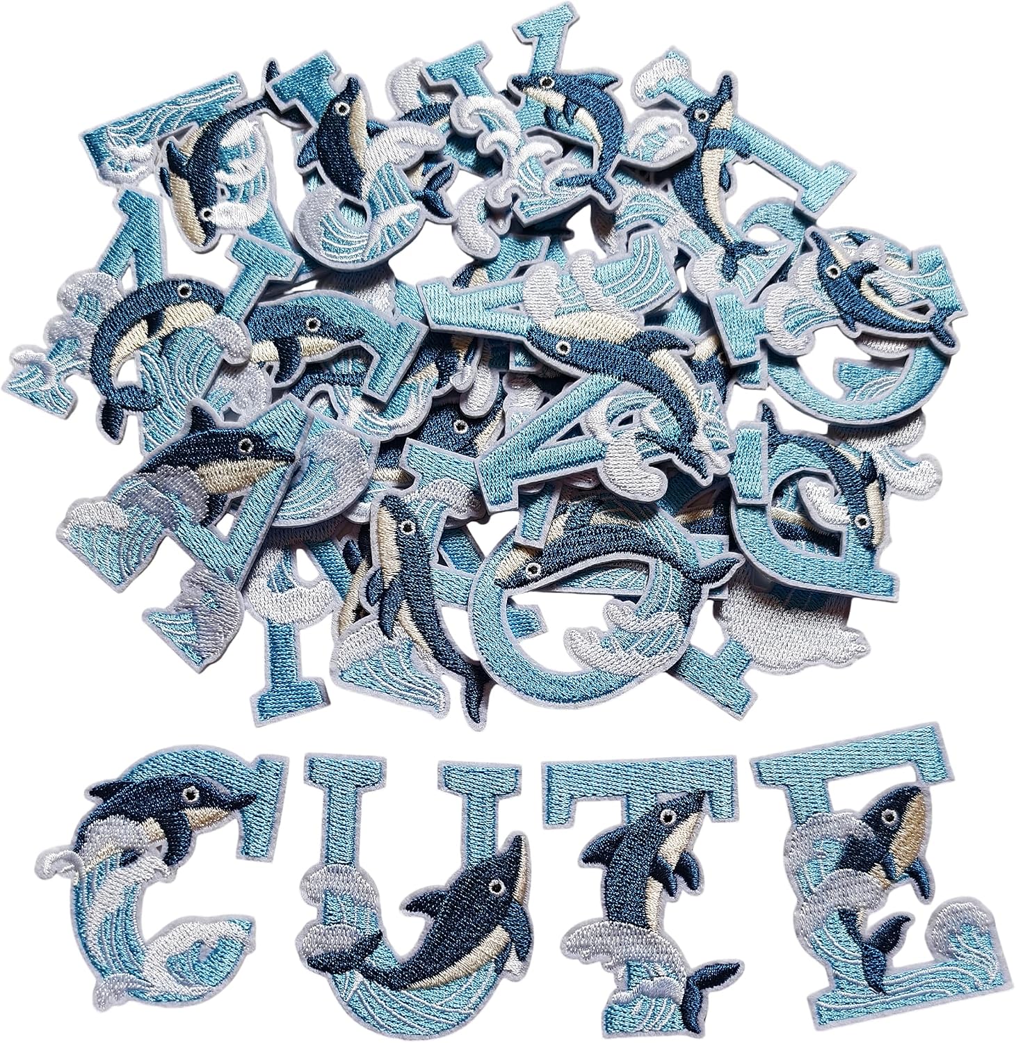 26Pcs Iron On Letter Patches, Dolphin Embroidered Alphabet Patches for Clothing Backpacks Hats Shirts