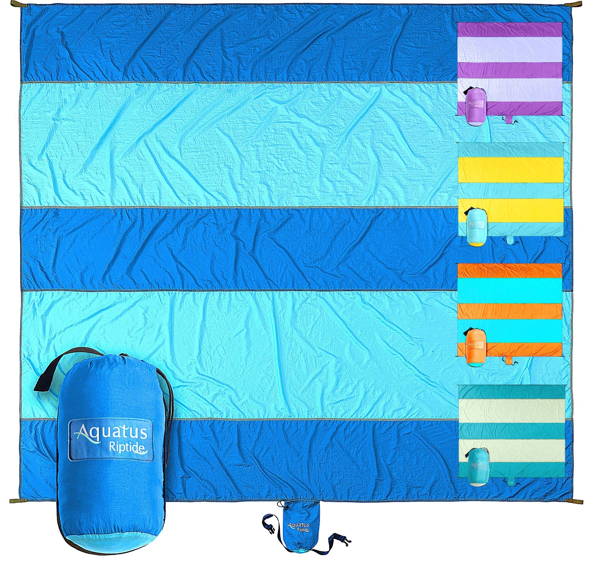 Aquatus Beach Blanket Sandproof Extra Large Oversized 10ft by 9ft for 2-8 Adults, Best Beach Mat Accessories for Vacation, Camping, Picnics, and Events Attached Bag with 4 Stakes and 4 Corner Pockets