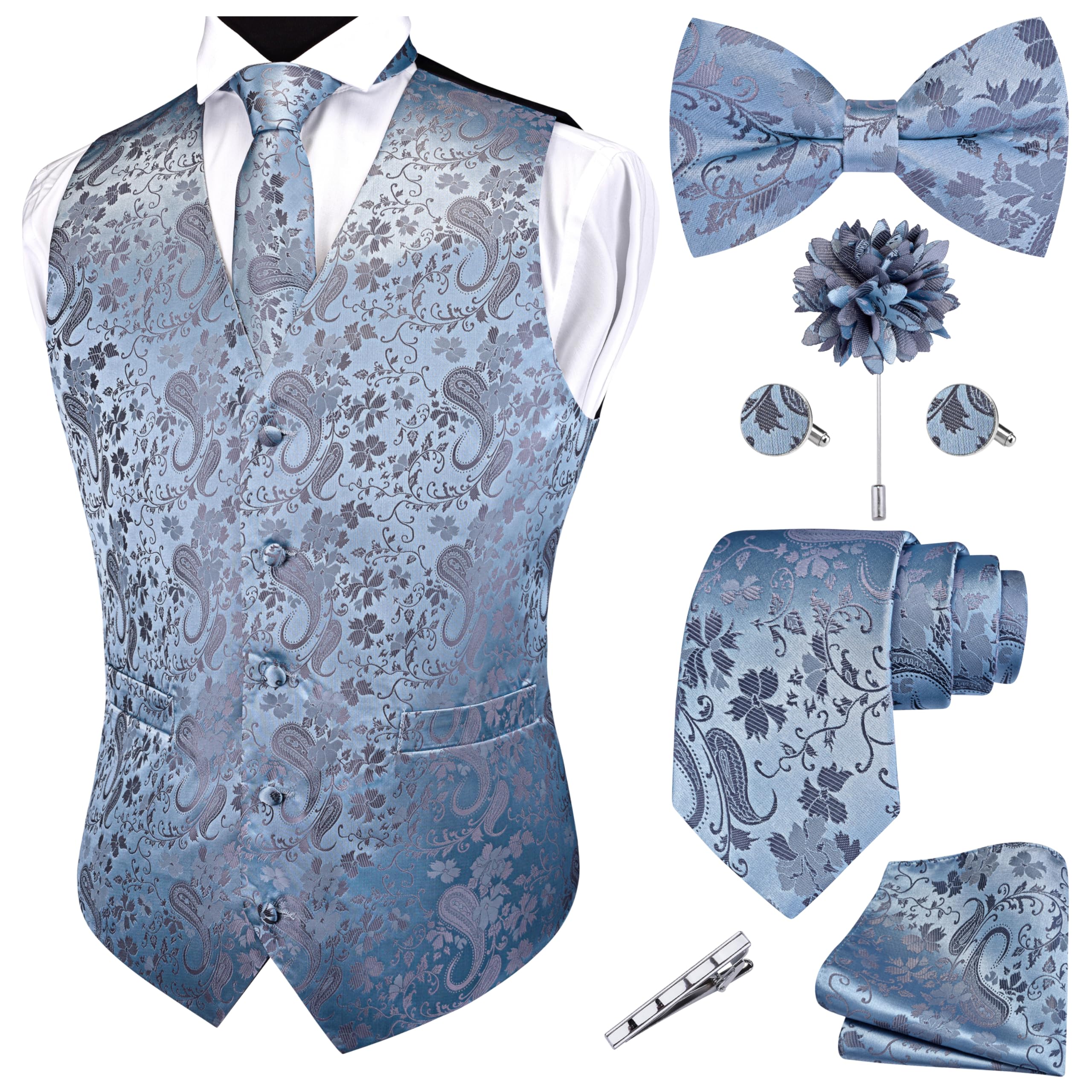 GUSLESON Formal Men Vest Paisley Floral Jacquard Tie Waistcoat Bow tie Hanky Lapel Pin Cufflinks Set Wedding 7PCS
