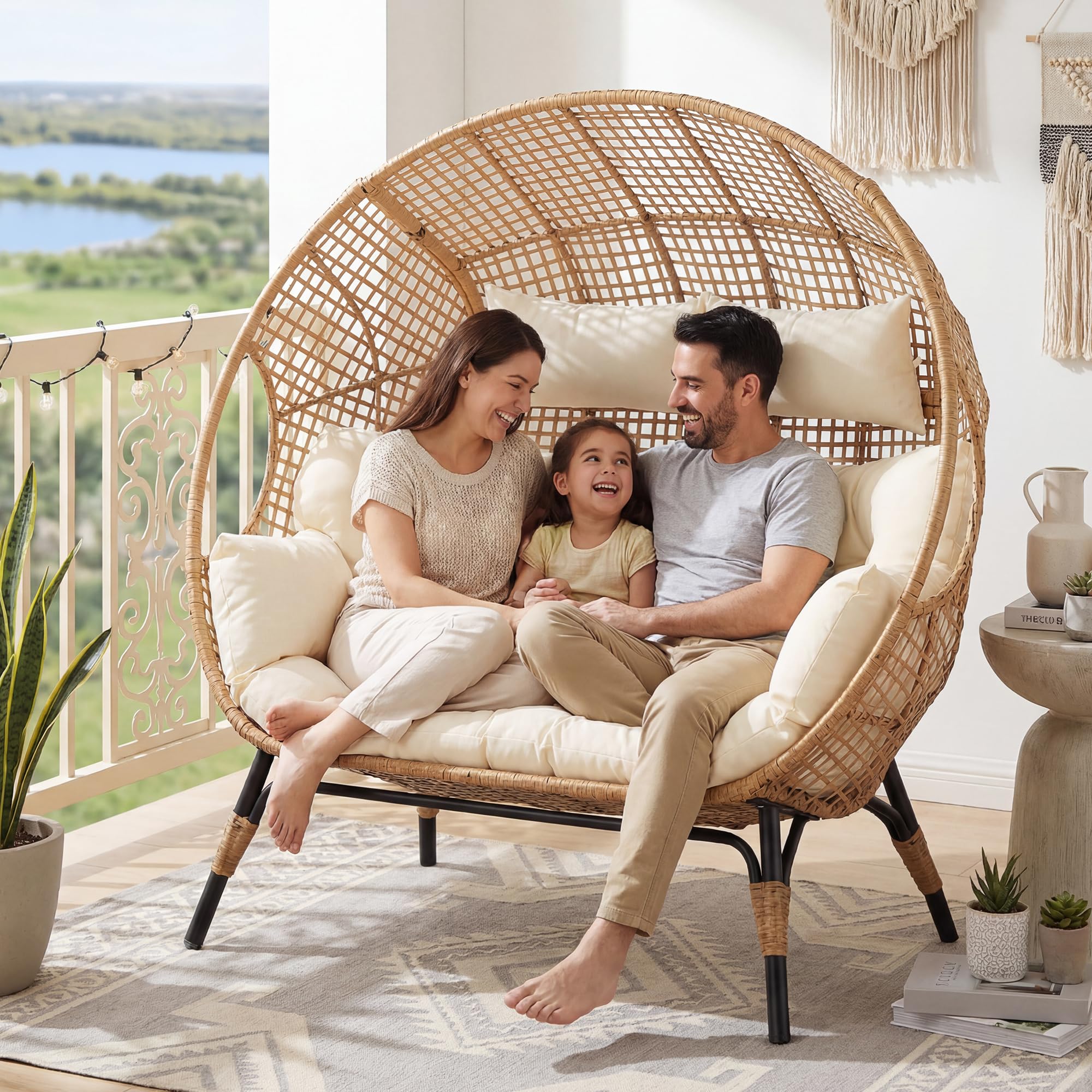 BULEXYARD Double Egg Chair Indoor Outdoor 680lbs, 2 Person Brown Wicker Oversized Stationary Egg Chair with Beige Thick Cushion, Patio Wide Lounge Loveseat with Legs for Balcony, Porch