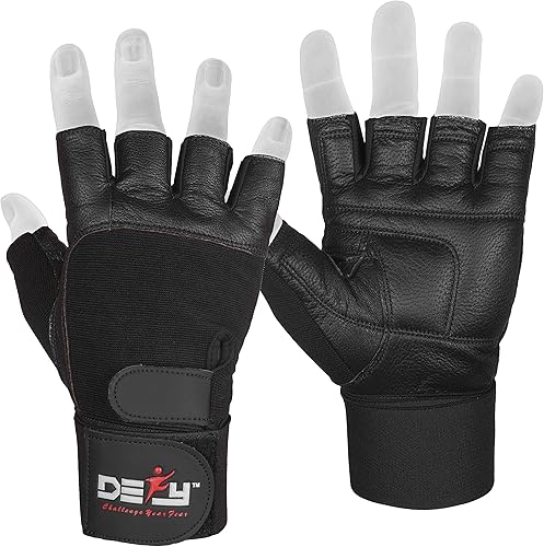 DEFY - Guantes de levantamiento de pesas acolchados con muñequera de 13 pulgadas de largo, guantes de gimnasio de cuero genuino para levantamiento