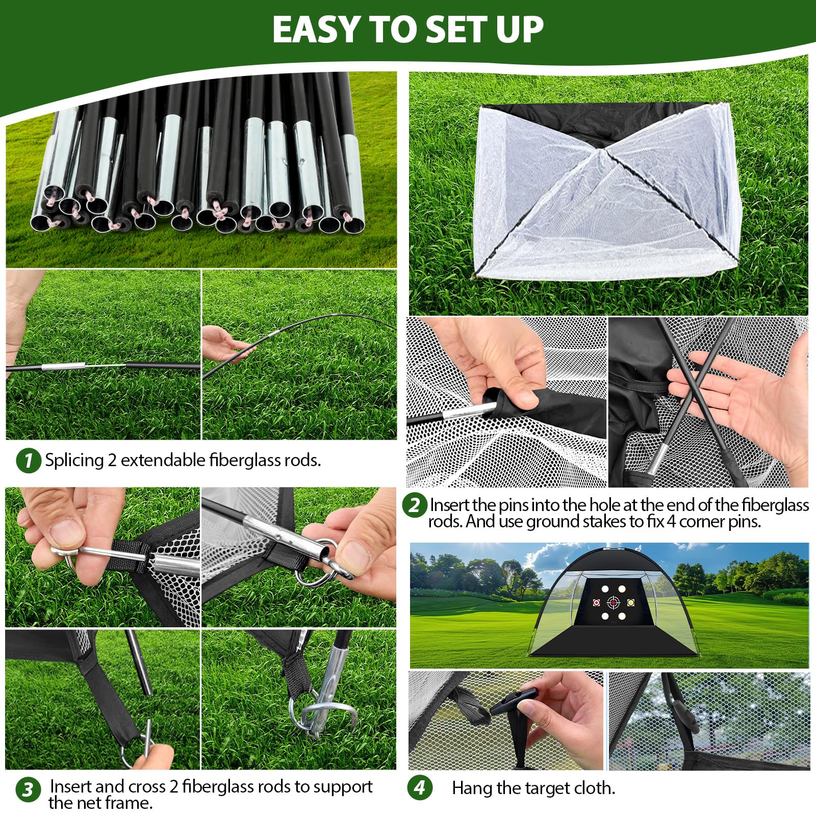 Golf-Netz, 3 x 2,1 m, Übungsnetz mit Tri-Rasen-Golfmatte, Ball, Tee, Tasche, All-in-One-Multziel-Schlaghilfe-Netz, Outdoor-Chipping-Trainingsnetze für Hinterhof, Geschenk für golf