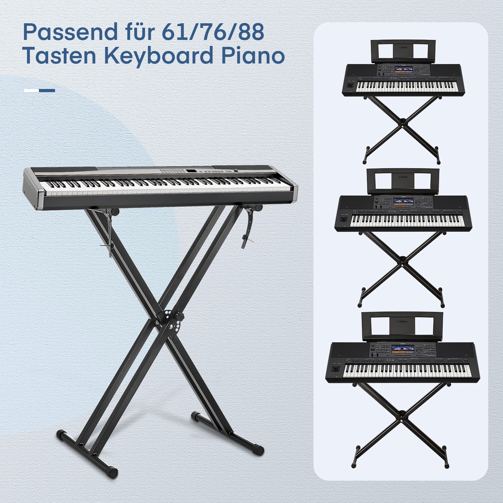 Soporte para Teclado, Adecuado para Teclado Electrónico 61 76 88, Marco Reforzado con Doble X, sin Ensamblar, 8 Alturas Ajustable con Correas de Seguridad y Goma Antideslizante, Piano Digital, Negro