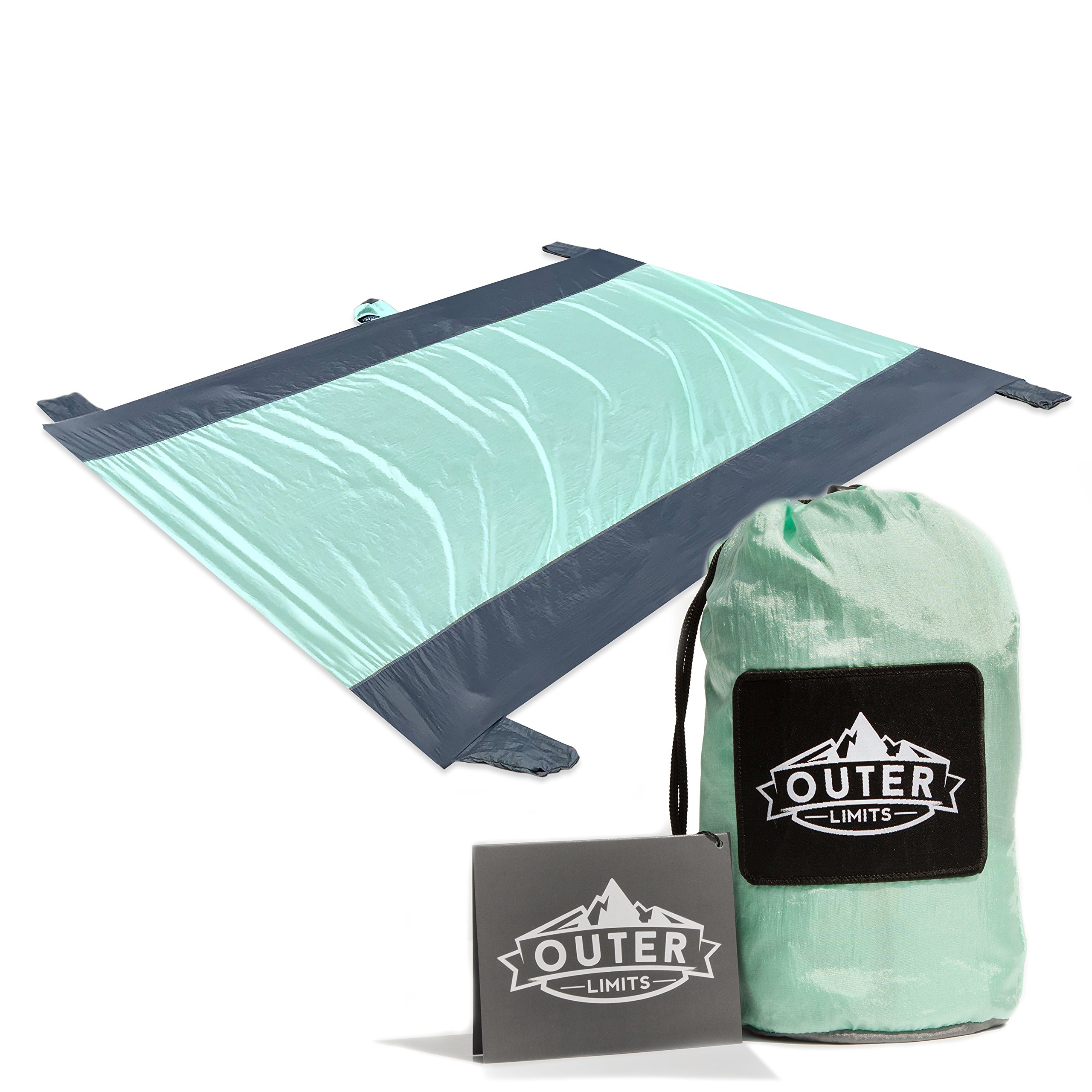 Outer Limits Travel Blanket - Picnic Blanket - Beach Blanket - Compact Water Resistant Sand Free 7' x 9' Oversized Nylon Outdoor Blankets with 4 Stakes Lightweight Portable Camping Blanket
