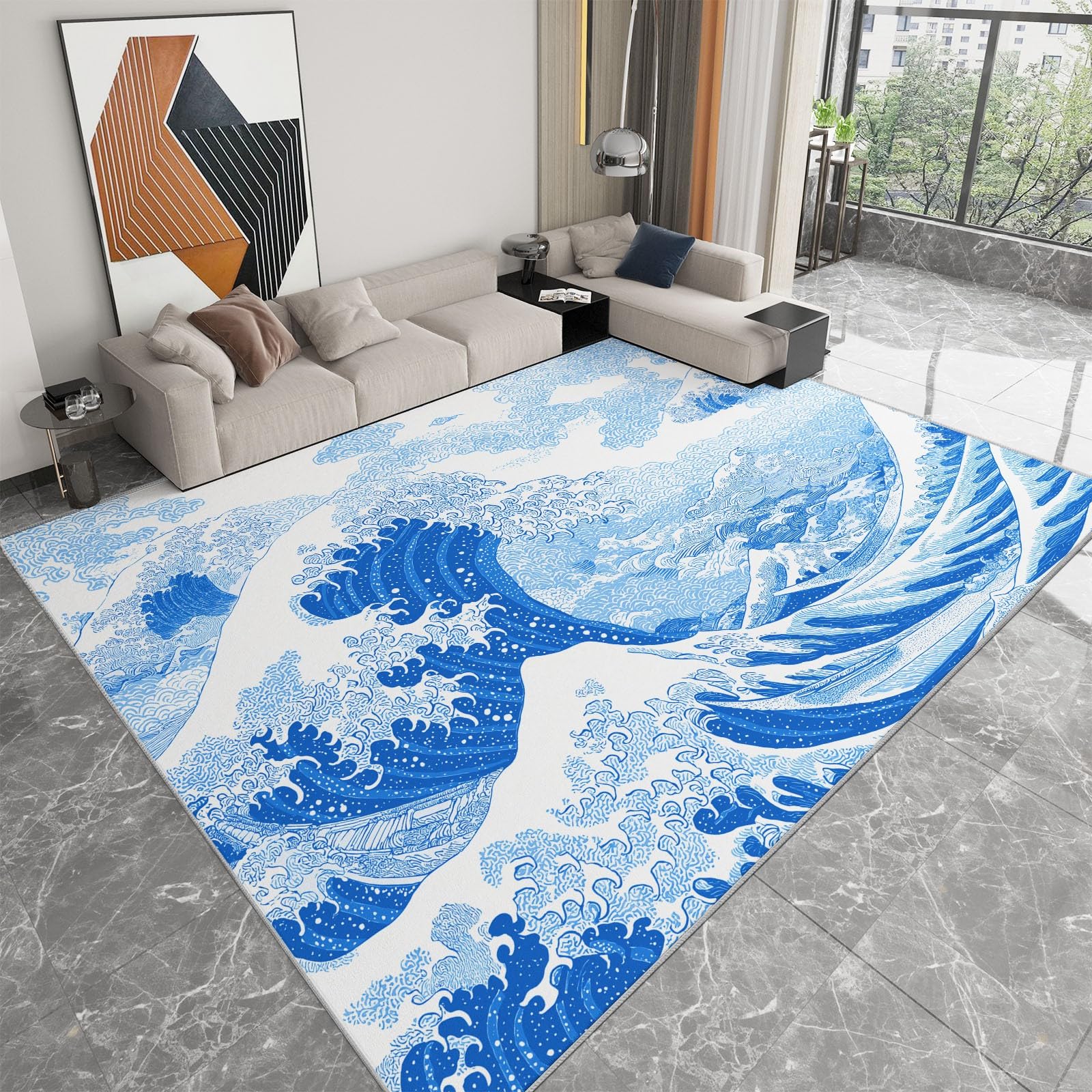 Tapis Poils Courts Moderne Vagues Bleues De L'Océan 80x150cm Tapis Salon Lavables Antidérapant Doux, Effet Impression 3D, pour Chambre Cuisine Salle à Manger Bureau