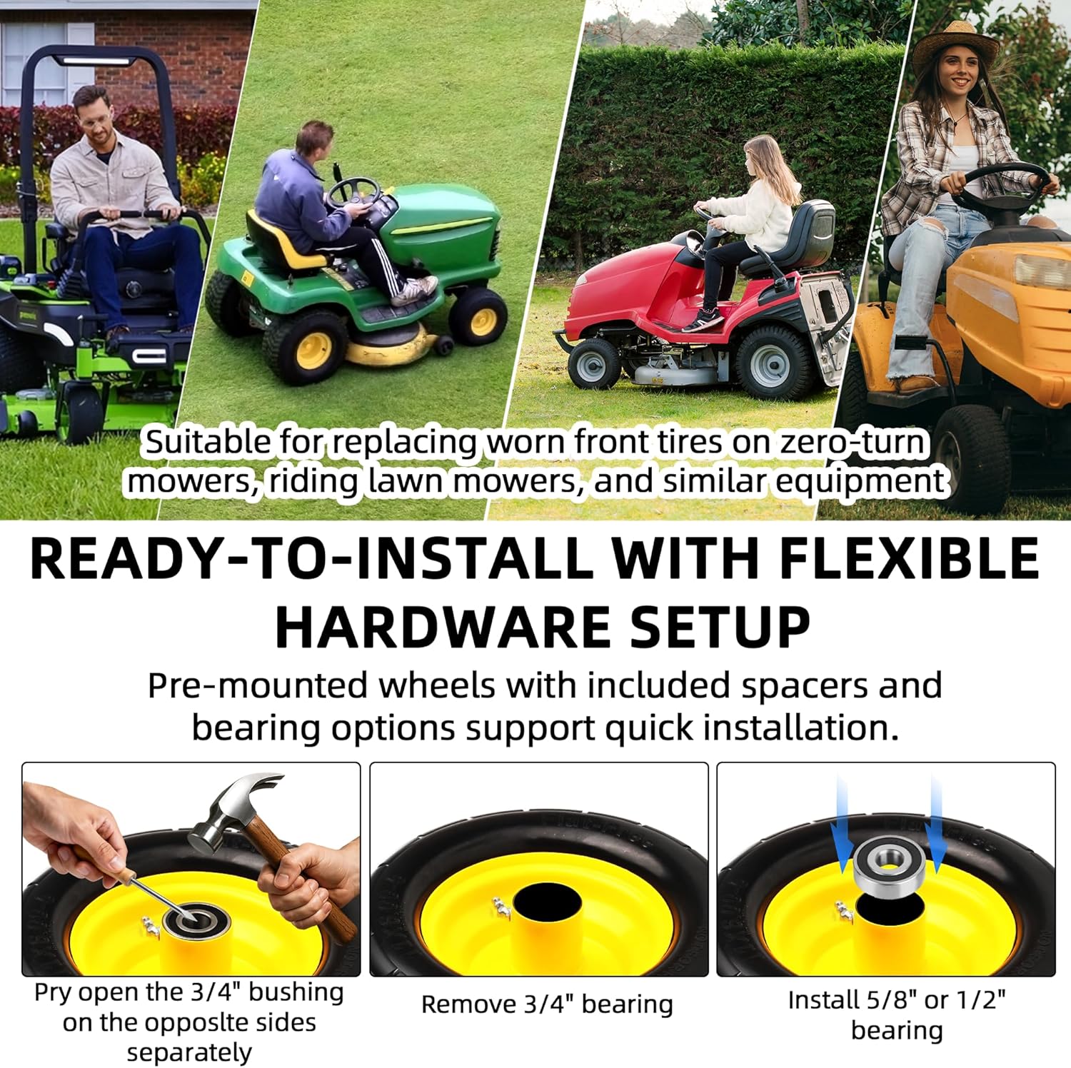 AR-PRO 11x6.00-5 Flat Free Tire and Wheel Assembly, Solid Lawn Mower Front Tire for Zero Turn & Riding Mowers, Fits 5.3"–7.5" Centered Hub, 3/4" Bearings with 5/8"&1/2" Options (2-Pack)