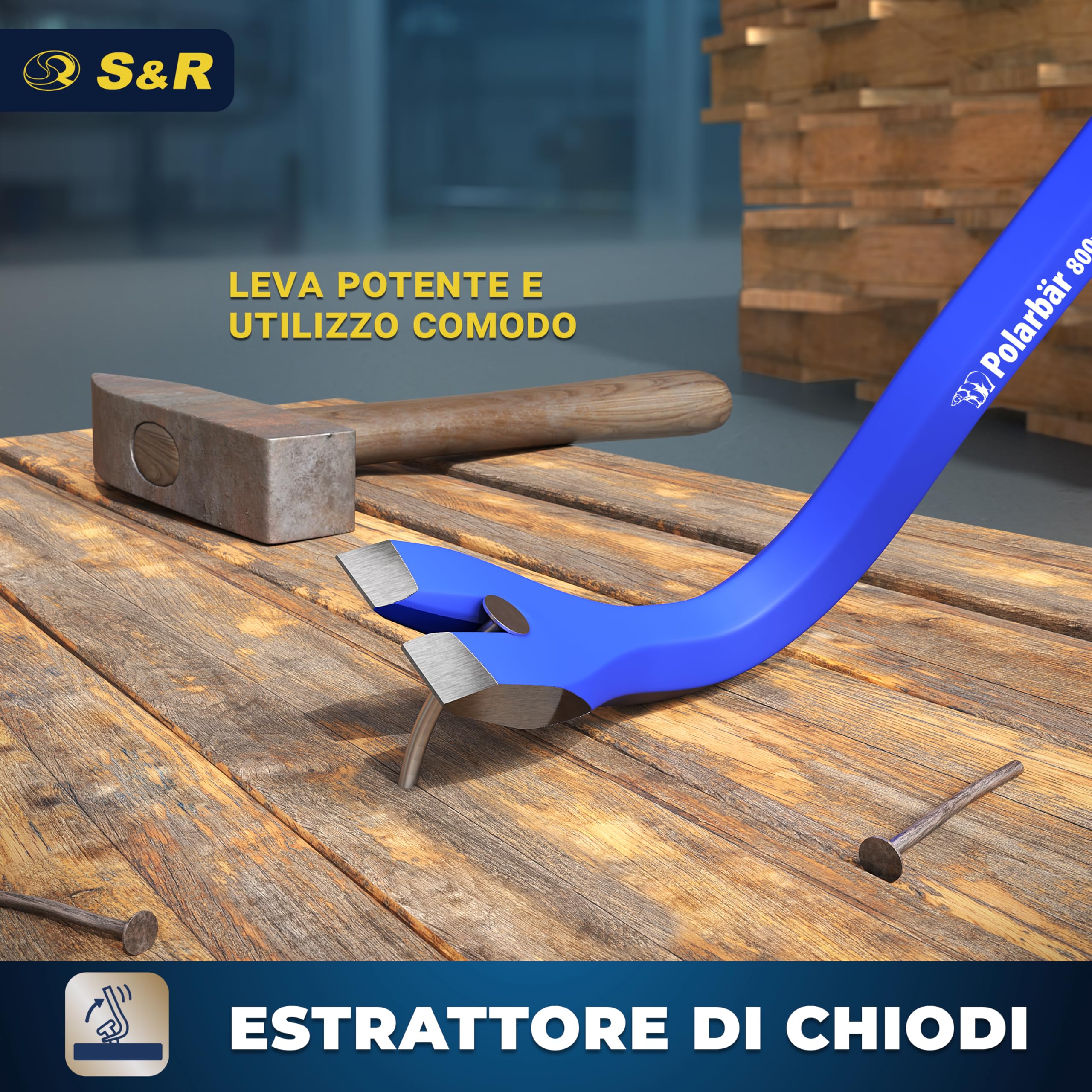 S&R Set di 2 Piedi di Porco Professionali 50 Cm e 80 Cm. Levachiodi per Bancali Piccolo e Lungo in Acciaio Temprato Ideali per Demolizioni, Smontaggi e Ristrutturazioni. Blu e Giallo.