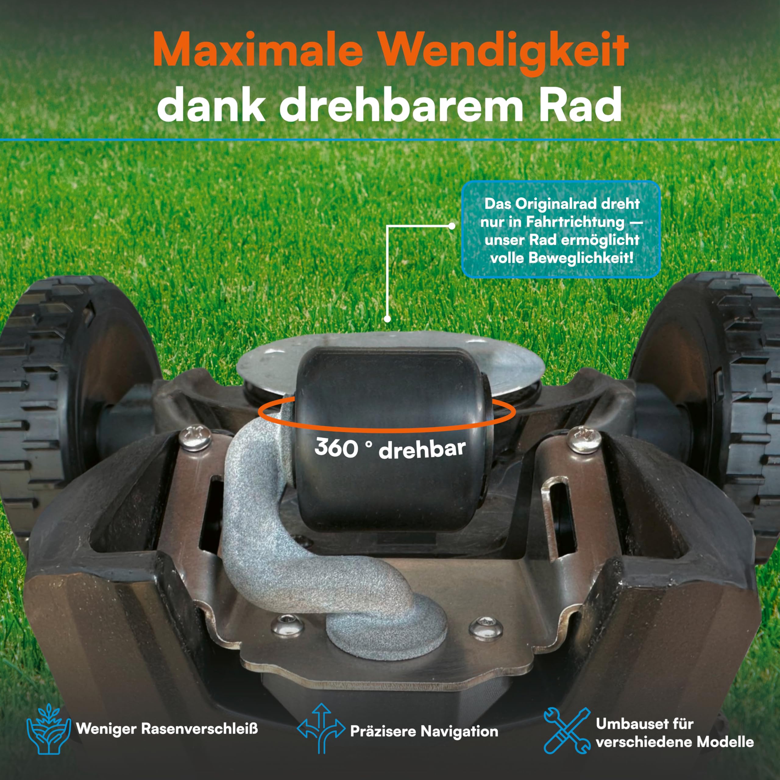 Ruota girevole v2.0 adatta per robot tosaerba, prestazioni migliorate e durata della batteria, acciaio inossidabile e nylon, adatta per molti modelli Gardena, Husqvarna e molto altro