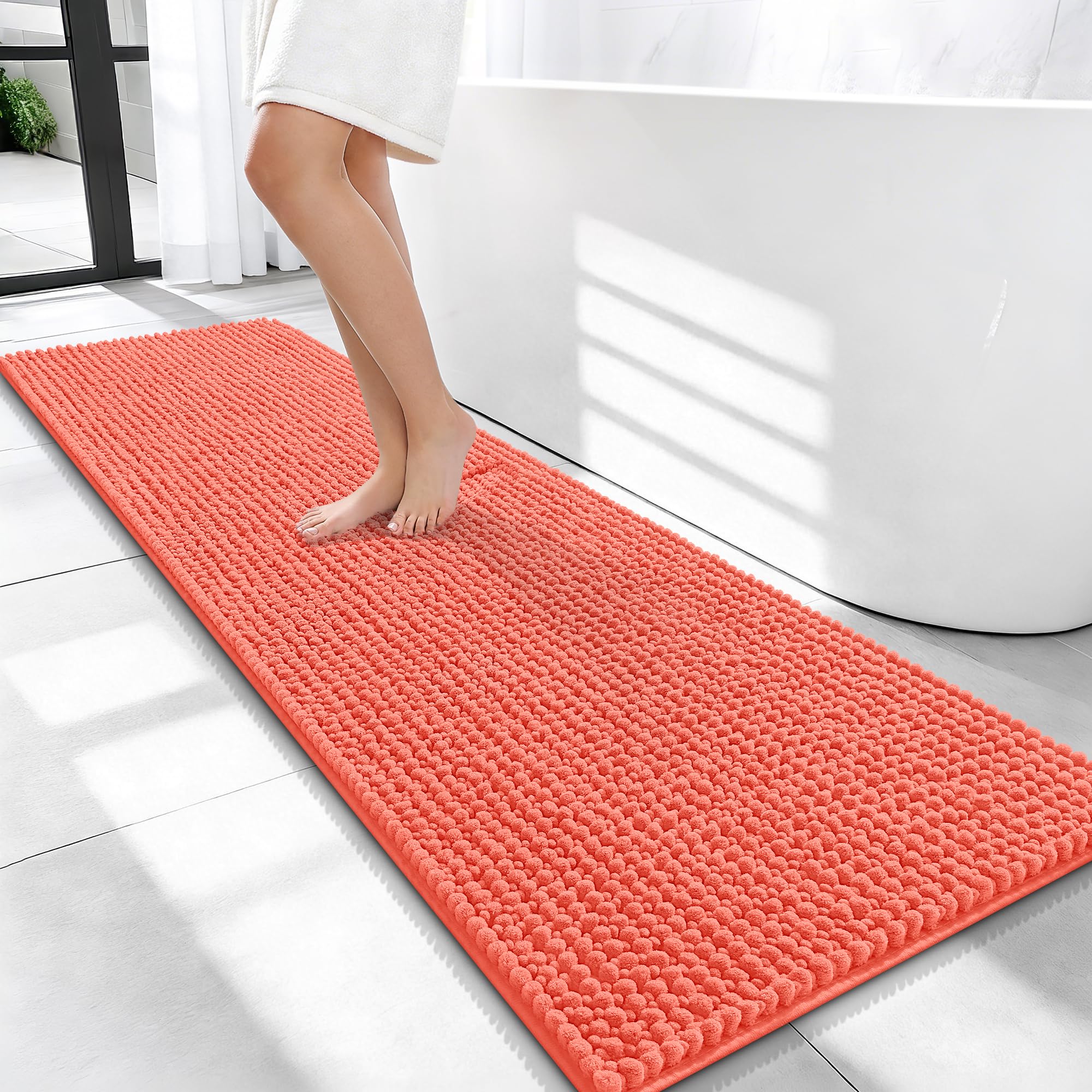 OLANLY Thick Chenille Bathroom Runner Rugs 59x20, Absorbent Bath Mat, Coral