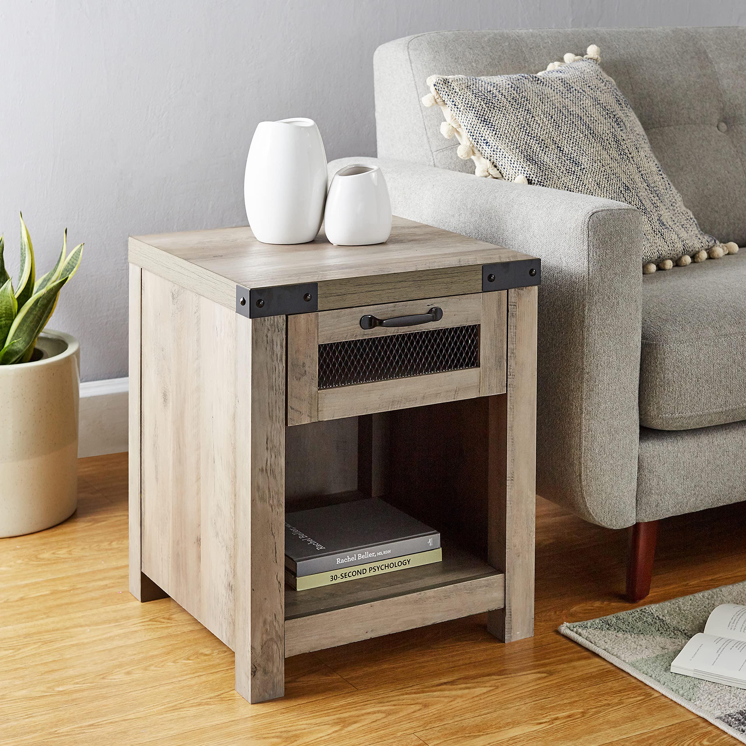 ROCKPOINT End Table with Industrial Style Drawer,Grey Wash