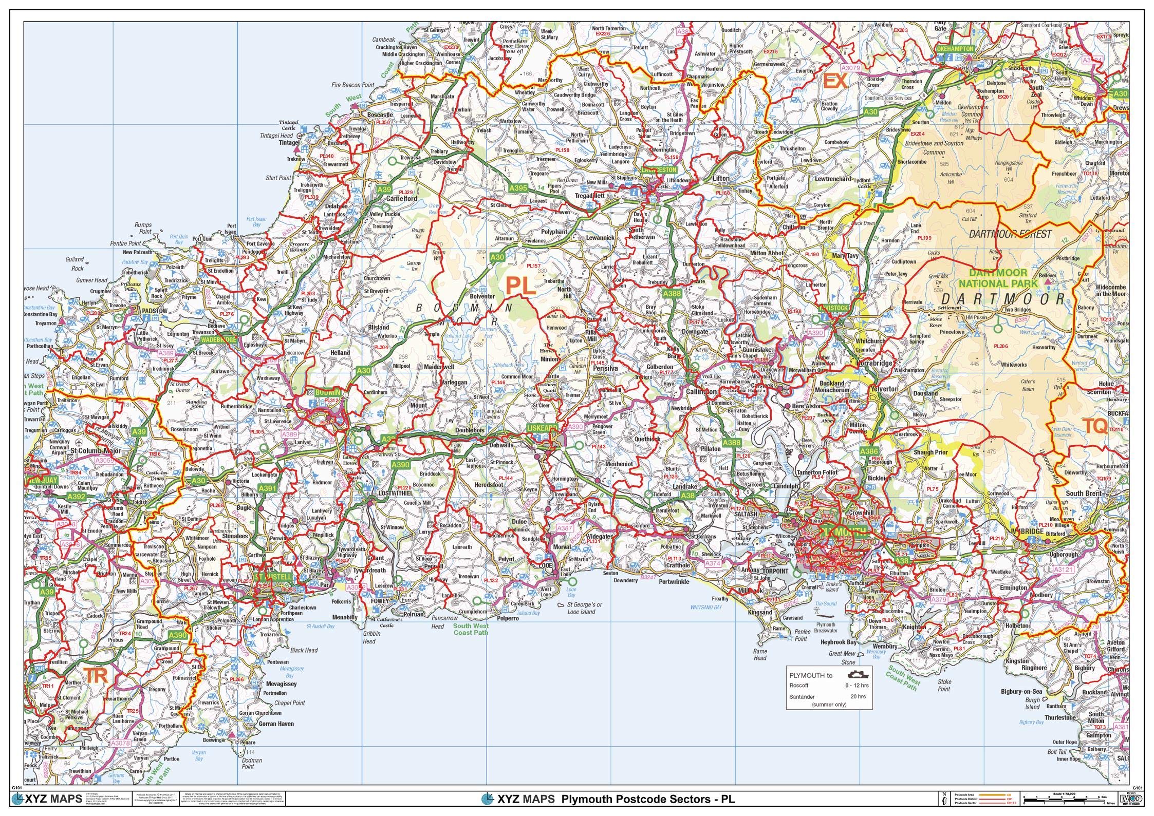 Plymouth - PL - Postcode Wall Map - 47" x 33.25" Rolled Canvas
