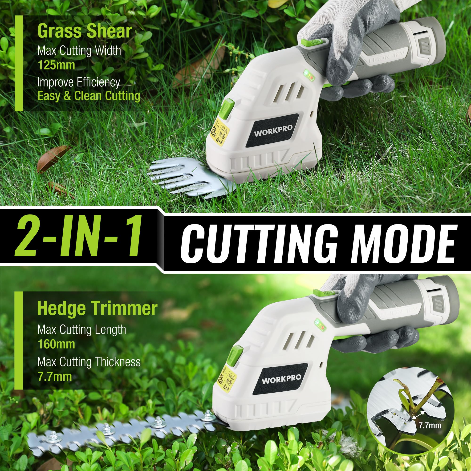 WORKPRO 12V Tijera Cortacésped y Arreglasetos 2 en 1, Cortasetos Eléctrico para Césped y Arbustos con 2 Cuchillas, Batería y Cargador, Tijeras Arreglaseto Ancho de Corte 12,5 cm Jardinería, Blanco