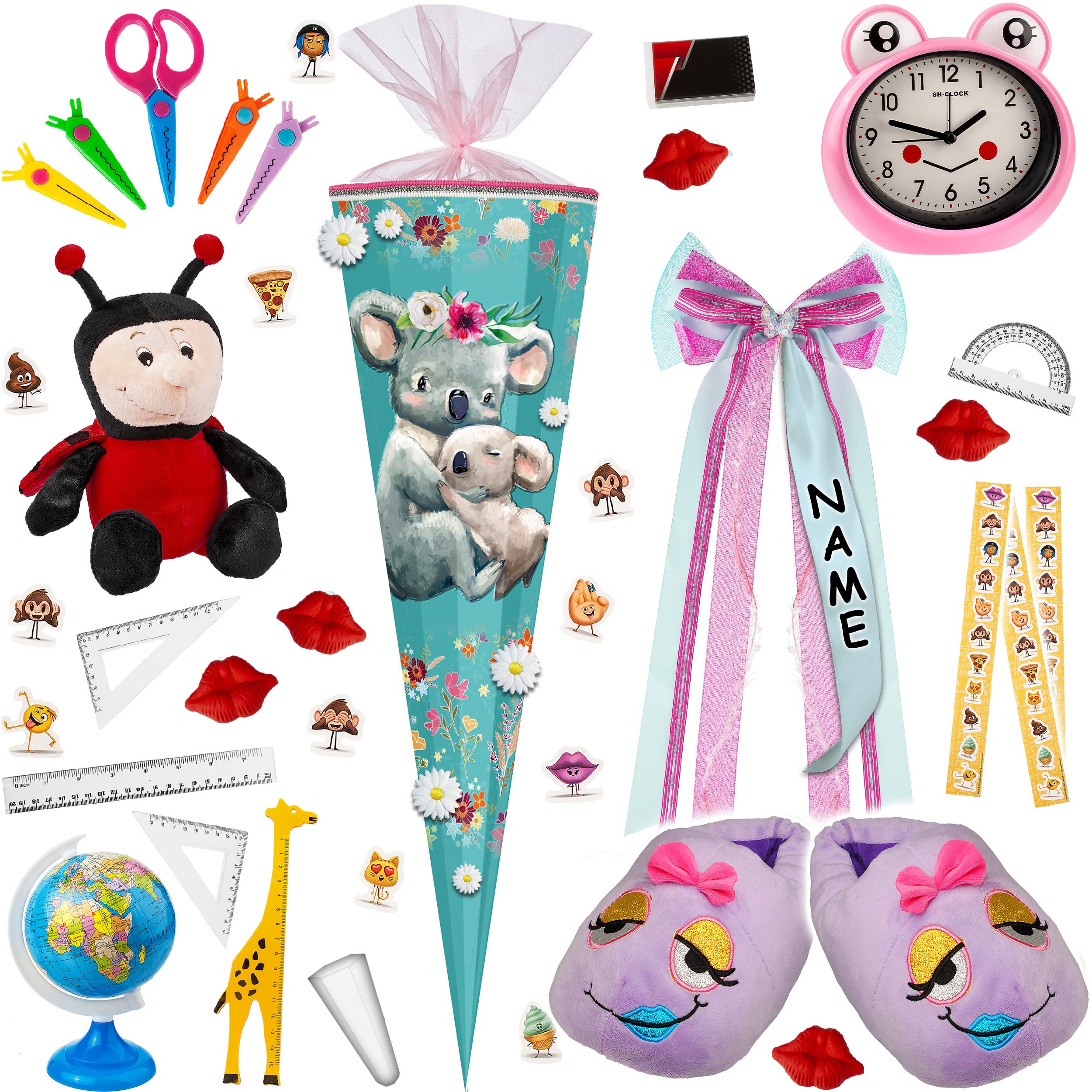 alles-meine.de GmbH Schultüte - mit 3D Stoff - Blüten & Glitzer ! - süße Koala Familie - 35-85 cm - Größe wählbar - inkl. komplette Füllung + Name + Bänder Schleife + Kunststof..