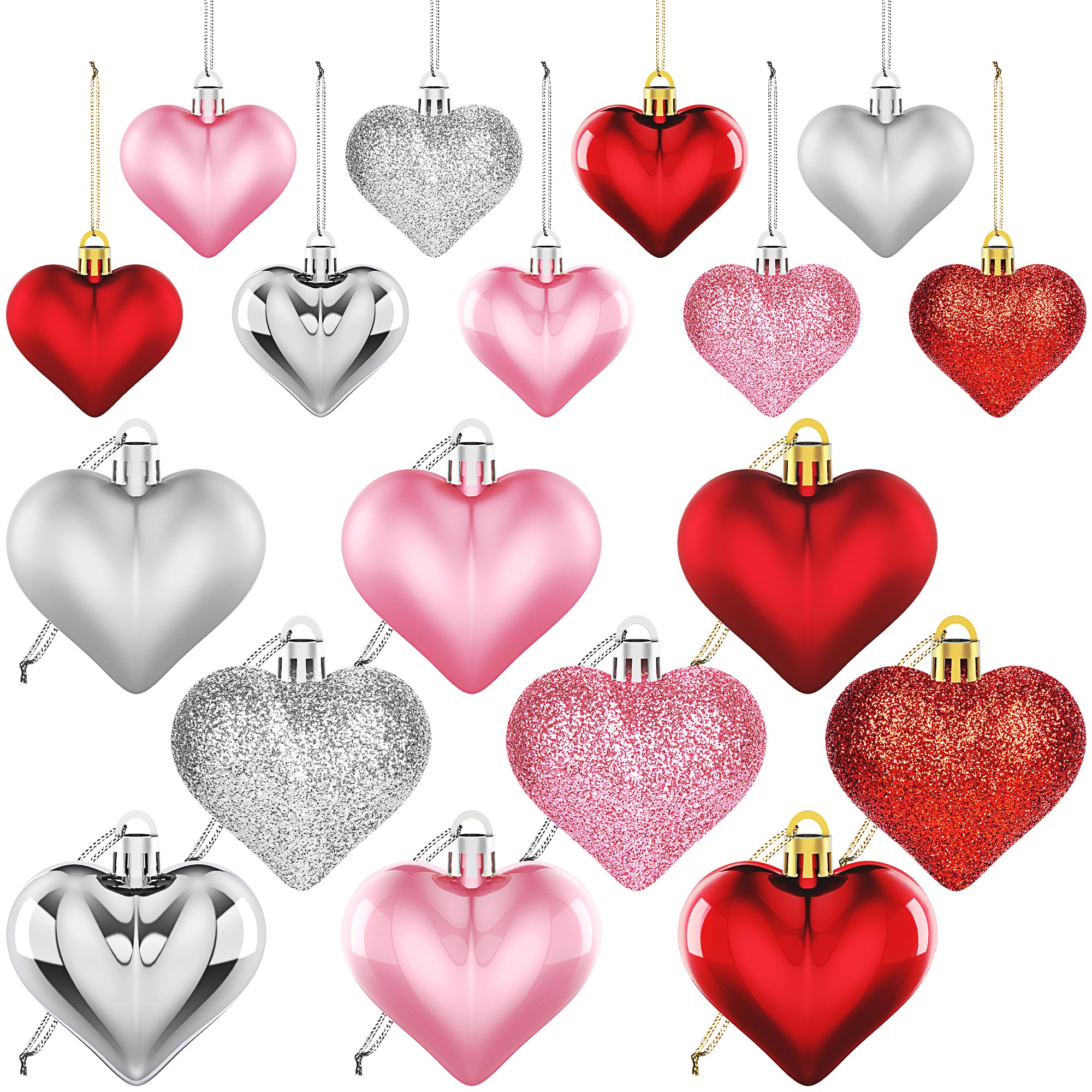 36Pcs Valentines Day Decor Heart Ornaments for Christmas Tree Decorations Red Pink Heart Shaped Baubles Ornaments for Valentine's Day Hanging Decorations or Wedding Party Supplies Home Decor