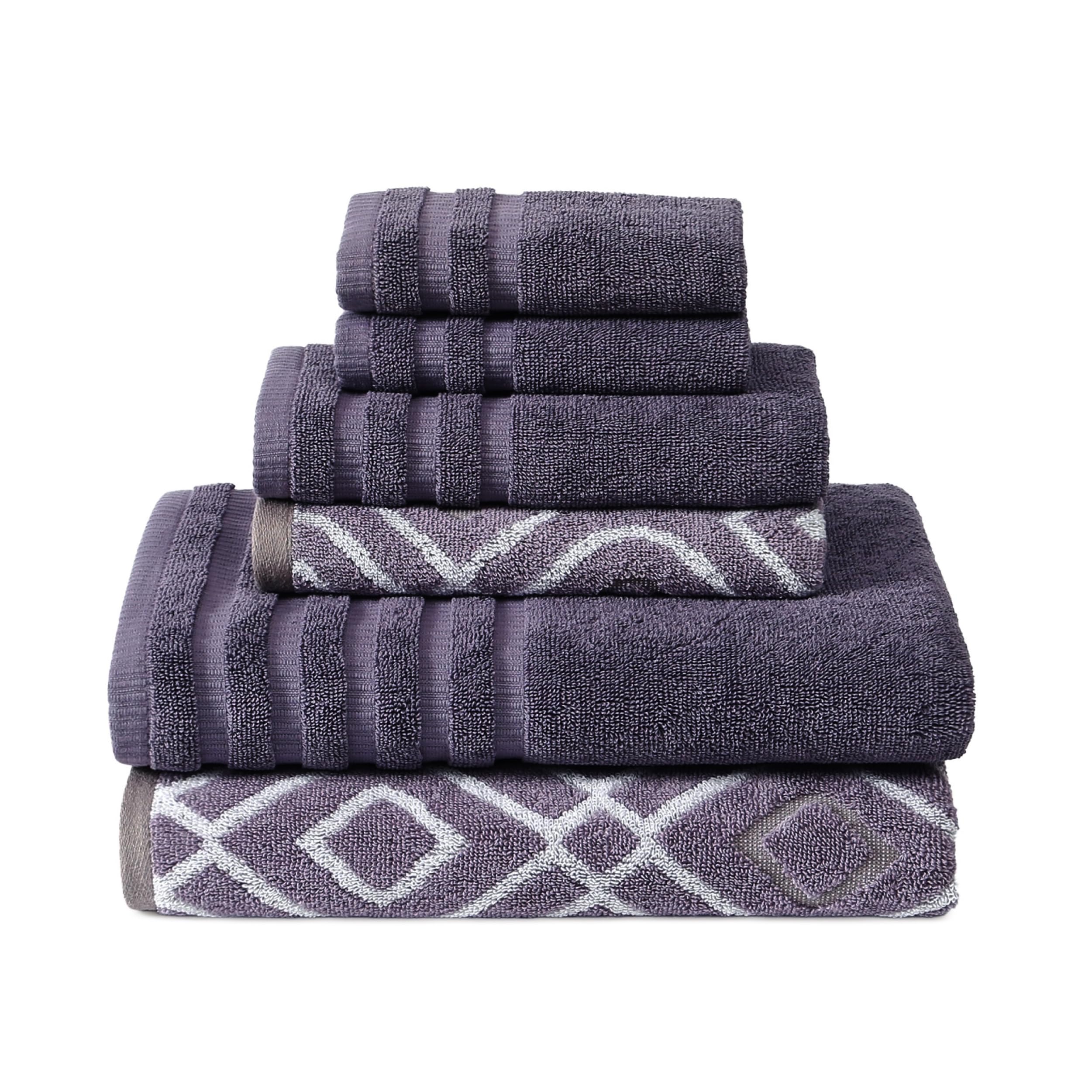 Amrapur 6-​Piece Yarn Dyed Oxford Stripe Jacquard/​Solid Ultra Soft 550GSM 100% Combed Cotton Towel Set 6 Asciugamani Tinti in Filo Grigio Lavanda, Cotone, Singolo, 40.6 x 25.4 x 12.7 cm, 6 unità