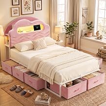 Decofy Twin Upholstered LED Bed Frame with 8 Storage Drawers, Pink