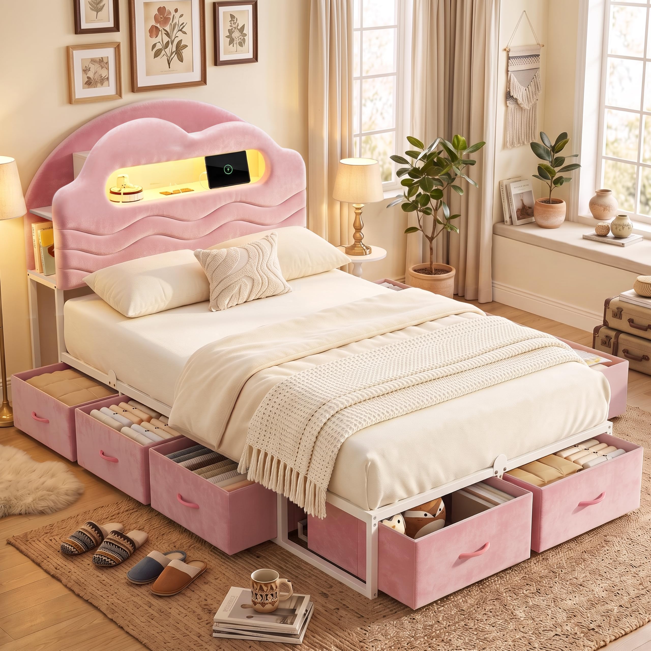 View 1 of ***PARTIAL SET*** Decofy Twin Upholstered LED Bed Frame with Storage Drawers - Pink