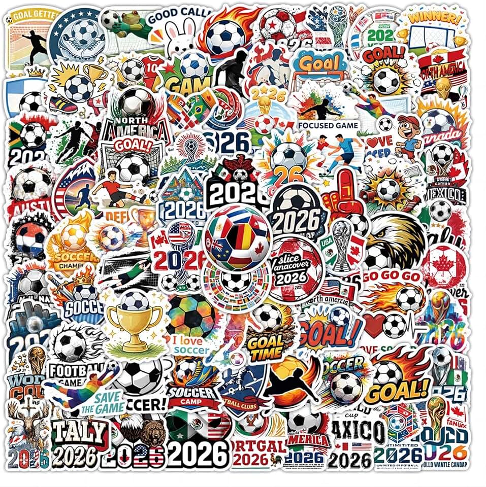 Pacote com 100 adesivos da Copa do Mundo de Futebol de 2026, decalques de vinil à prova d'água para garrafa de água, notebook, sem resíduos, decoração DIY, presentes de festa para meninos