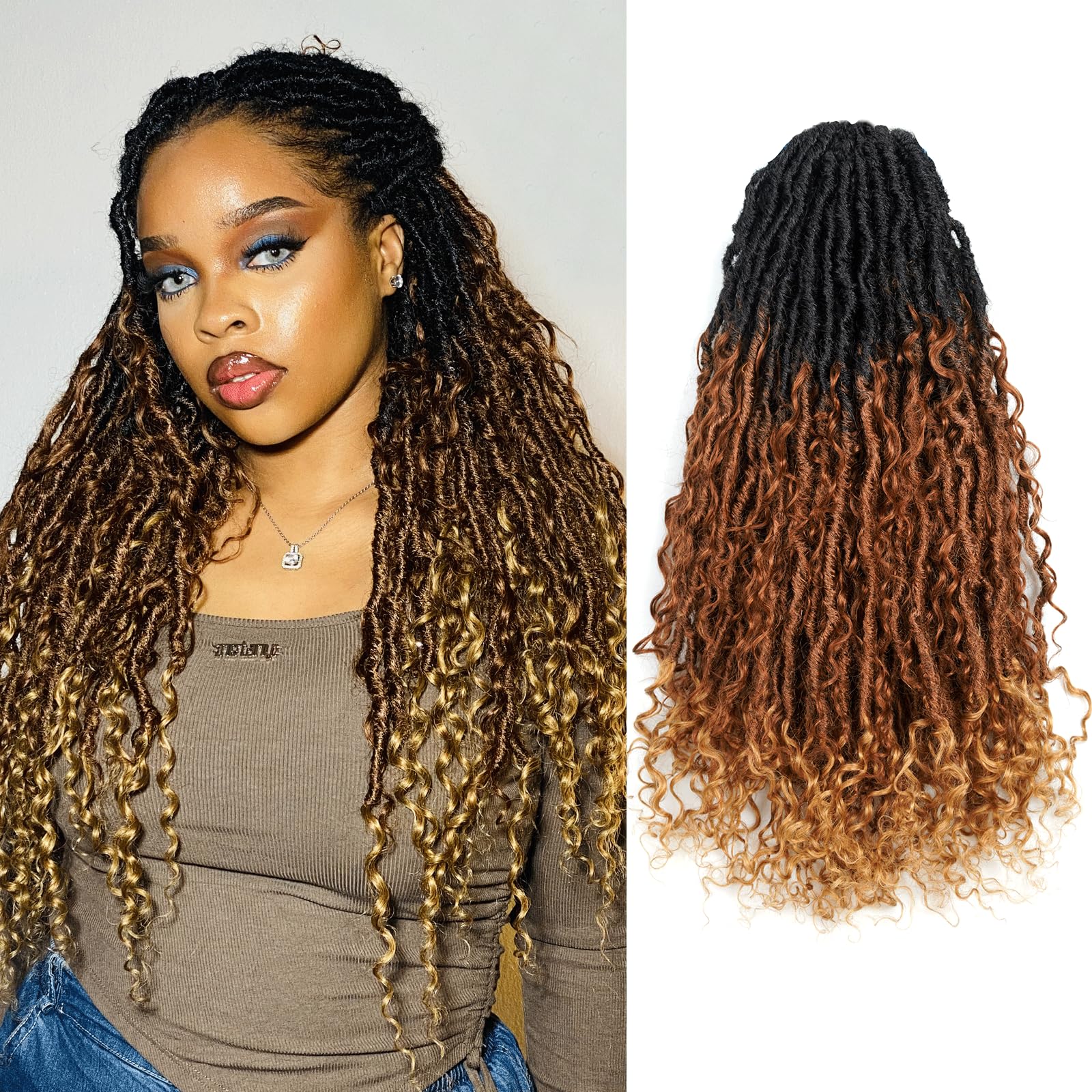 Toyotress Boho Human Hair Locs - 14 Inch 8 Packs Pre-Looped Crochet Curls, 3 Tones Ombre Brown With Curly Ends Braiding Hair Extensions (14 Inch,